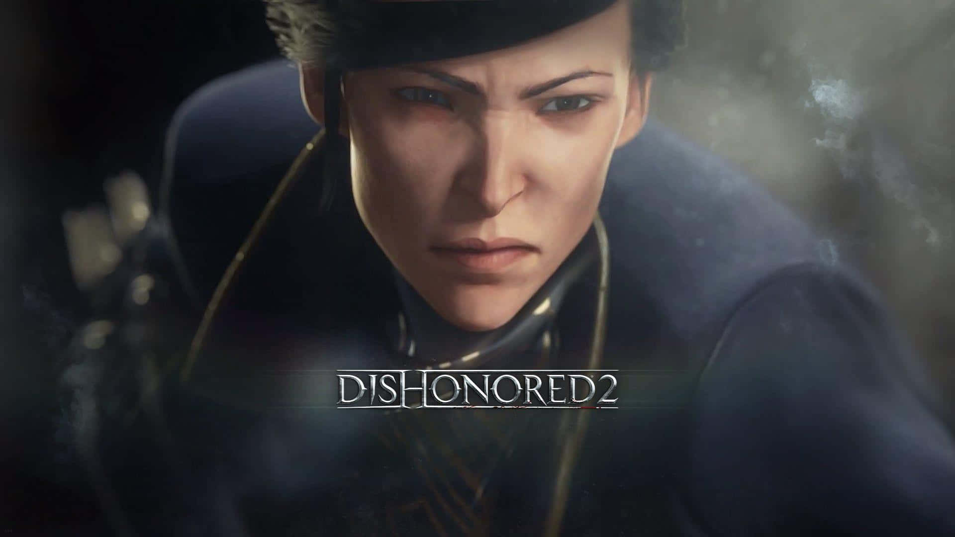 character design 桌布 壁紙 — 《Dishonored 2》中，一個身穿深色服裝、神情堅定的女性角色特寫，背景煙霧瀰漫。