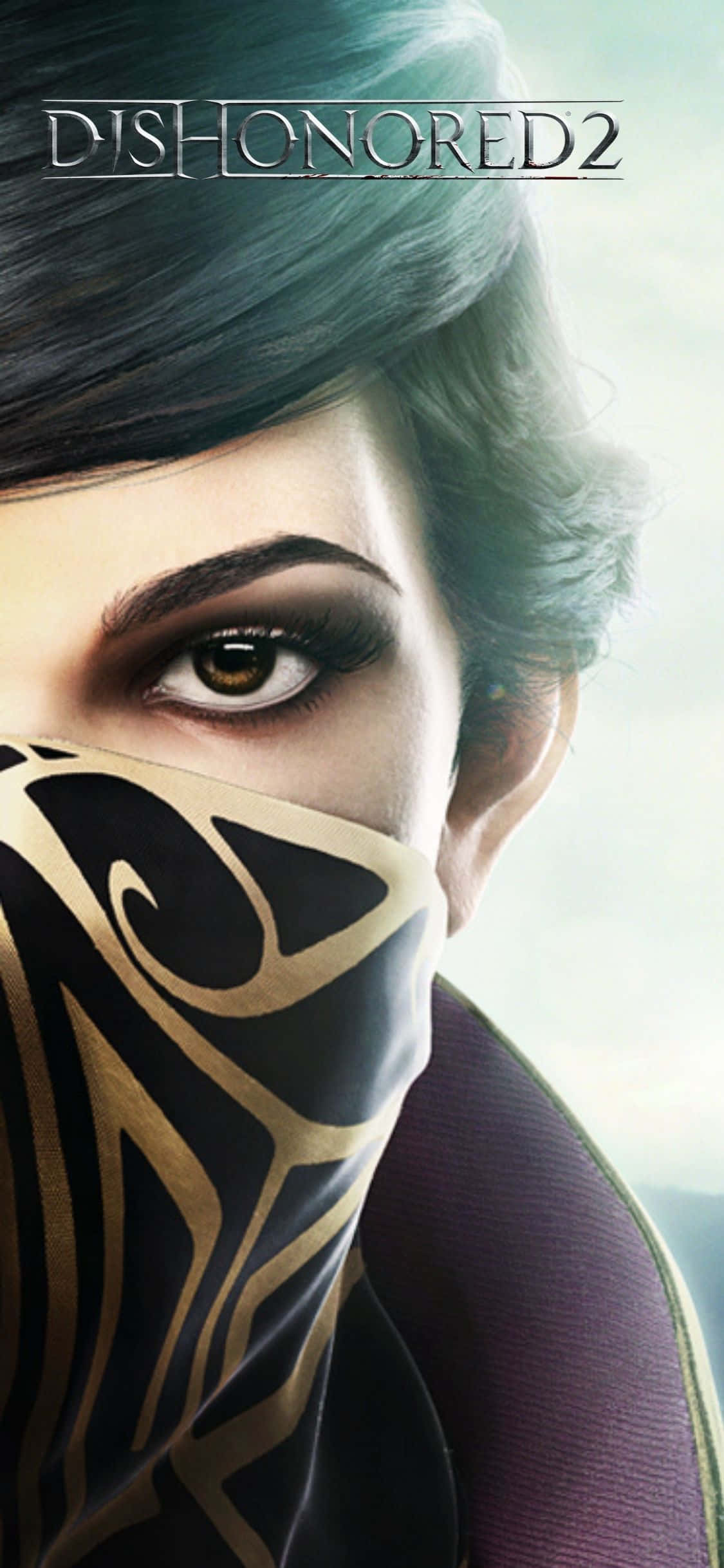 電玩遊戲 桌布 壁紙 — 《Dishonored 2》中戴面具角色的特寫，帶有華麗的金色和黑色面罩及強烈的眼神。