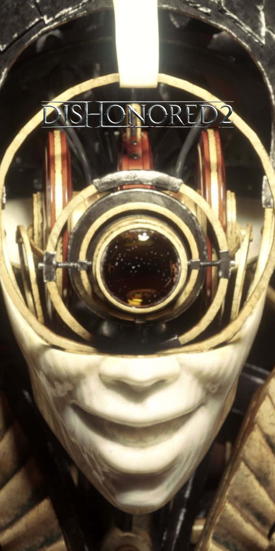 Pixel 3 Dishonored 2 桌布 壁紙 — 《Dishonored 2》中戴面具角色臉部的特寫，具有蒸氣龐克風格的機械眼睛，配有黃銅齒輪和深色反光鏡片。