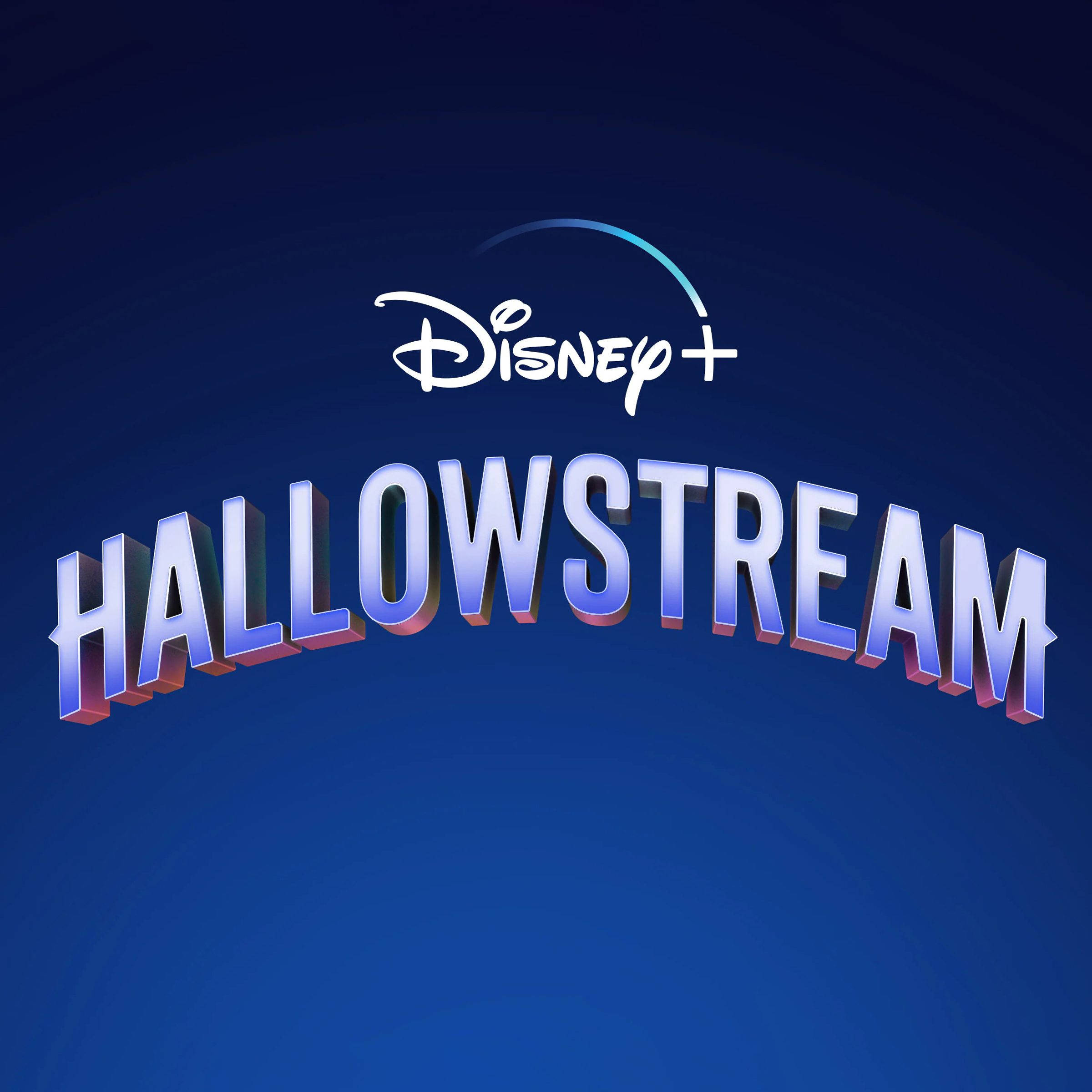 迪士尼萬聖節 桌布 壁紙 — Disney+ Halloween Stream 標誌，帶有粗體 3D 文字，在深藍色漸變背景上發光。
