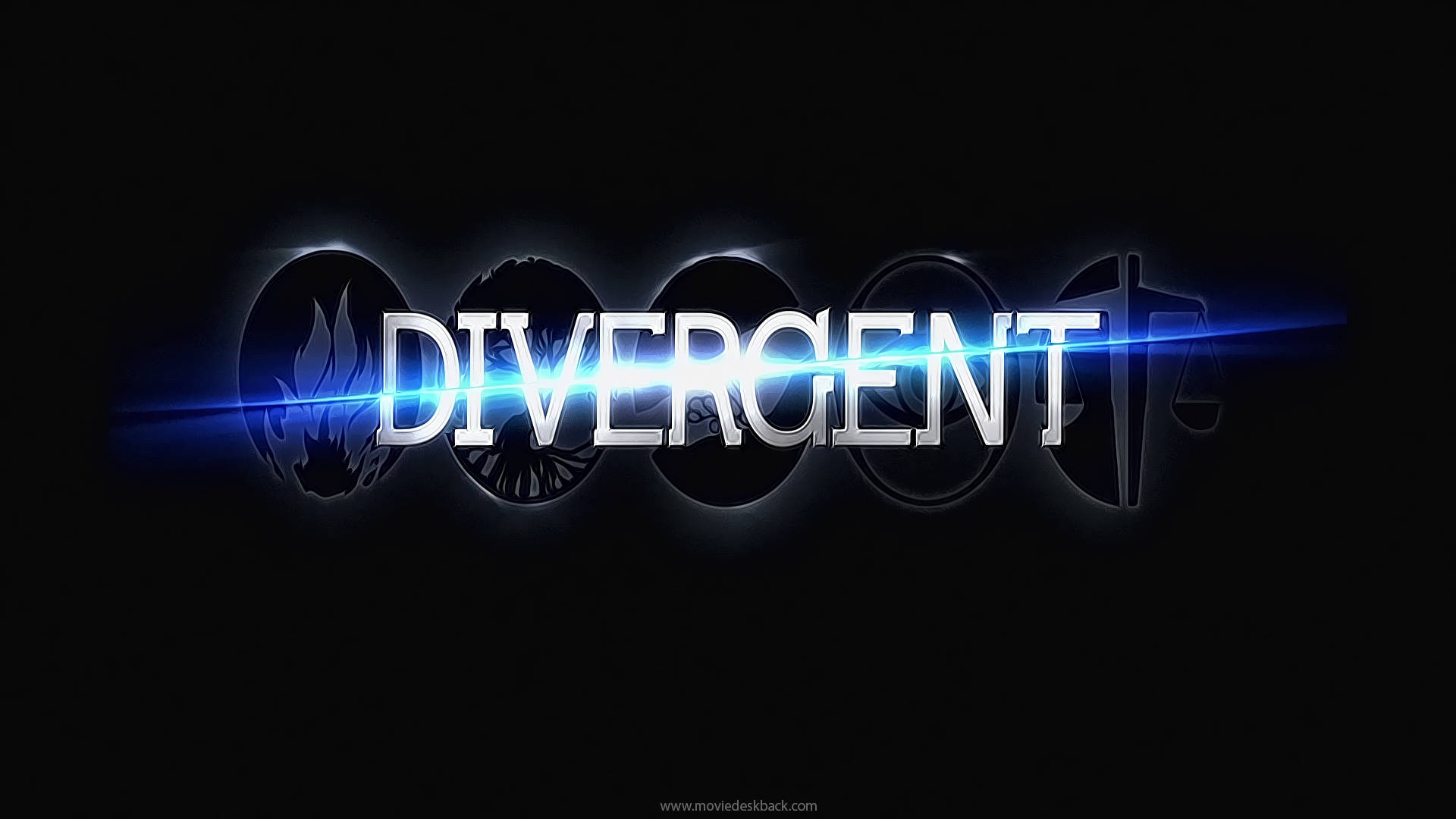 分歧者 桌布 壁紙 — 「DIVERGENT」一詞在黑色背景上發出電光藍色光芒，兩側有派系符號。