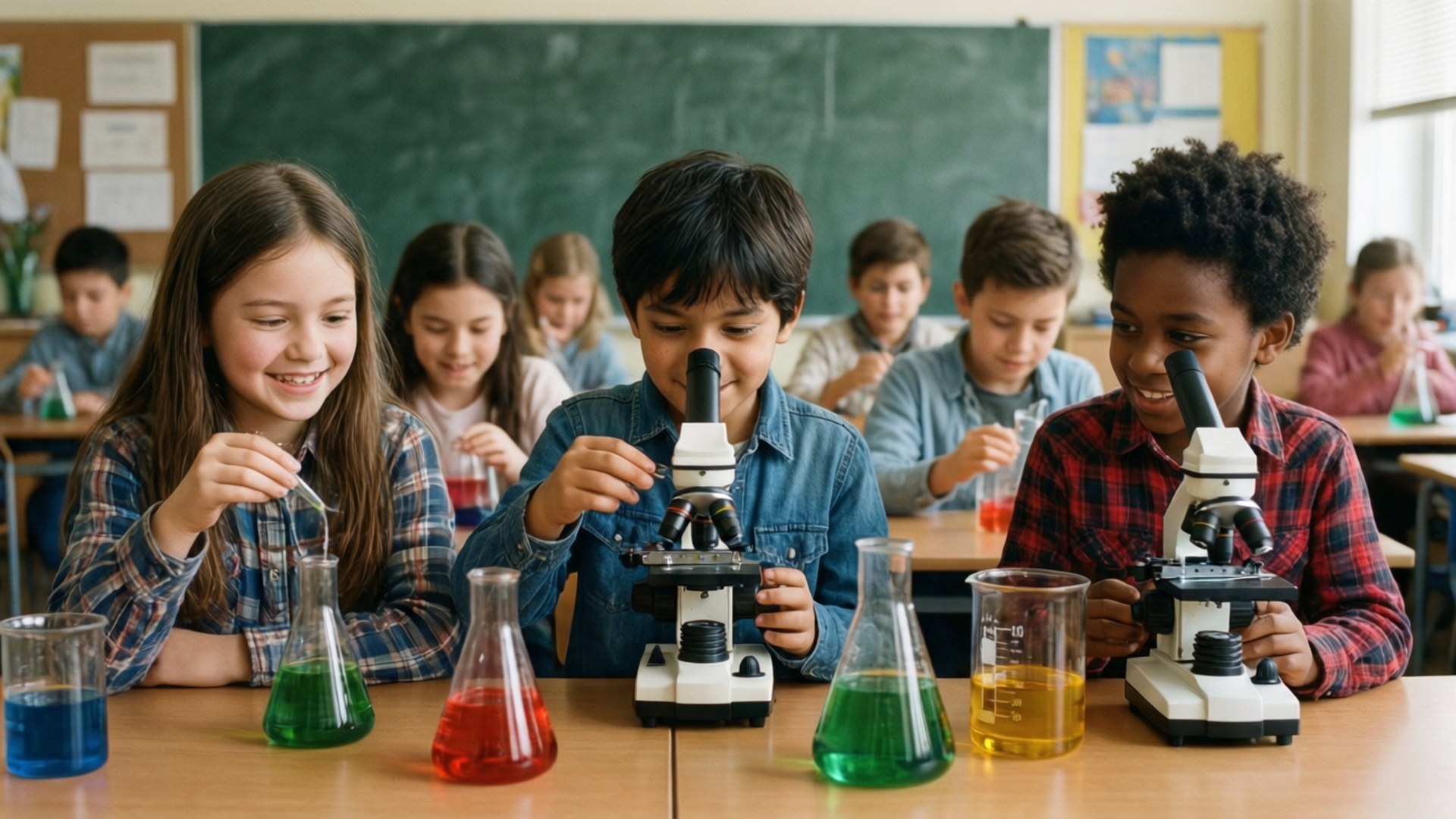 Classroom Experiment 壁紙 — 多元化的學生在教室內熱情地使用顯微鏡和燒瓶中的彩色液體進行科學實驗。