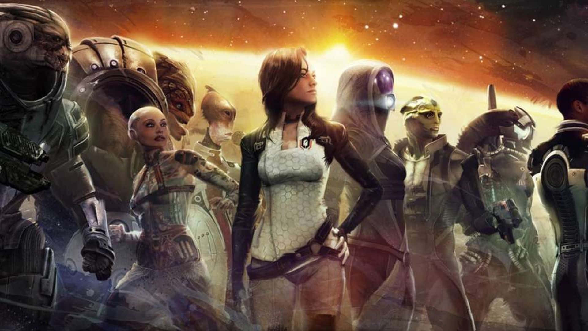 Mass Effect Multiplayer 桌布 壁紙 — 一群多元化的未來外星人和人類角色站在發光的宇宙背景前。