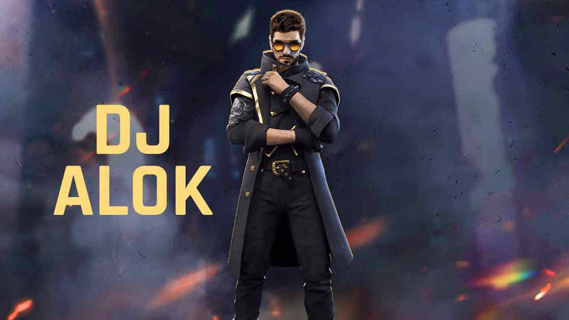 character 桌布 壁紙 — DJ Alok 的時尚數位化身，身穿深色外套和金色飾邊服裝，自信地站在充滿活力的粒子未來風格背景前。