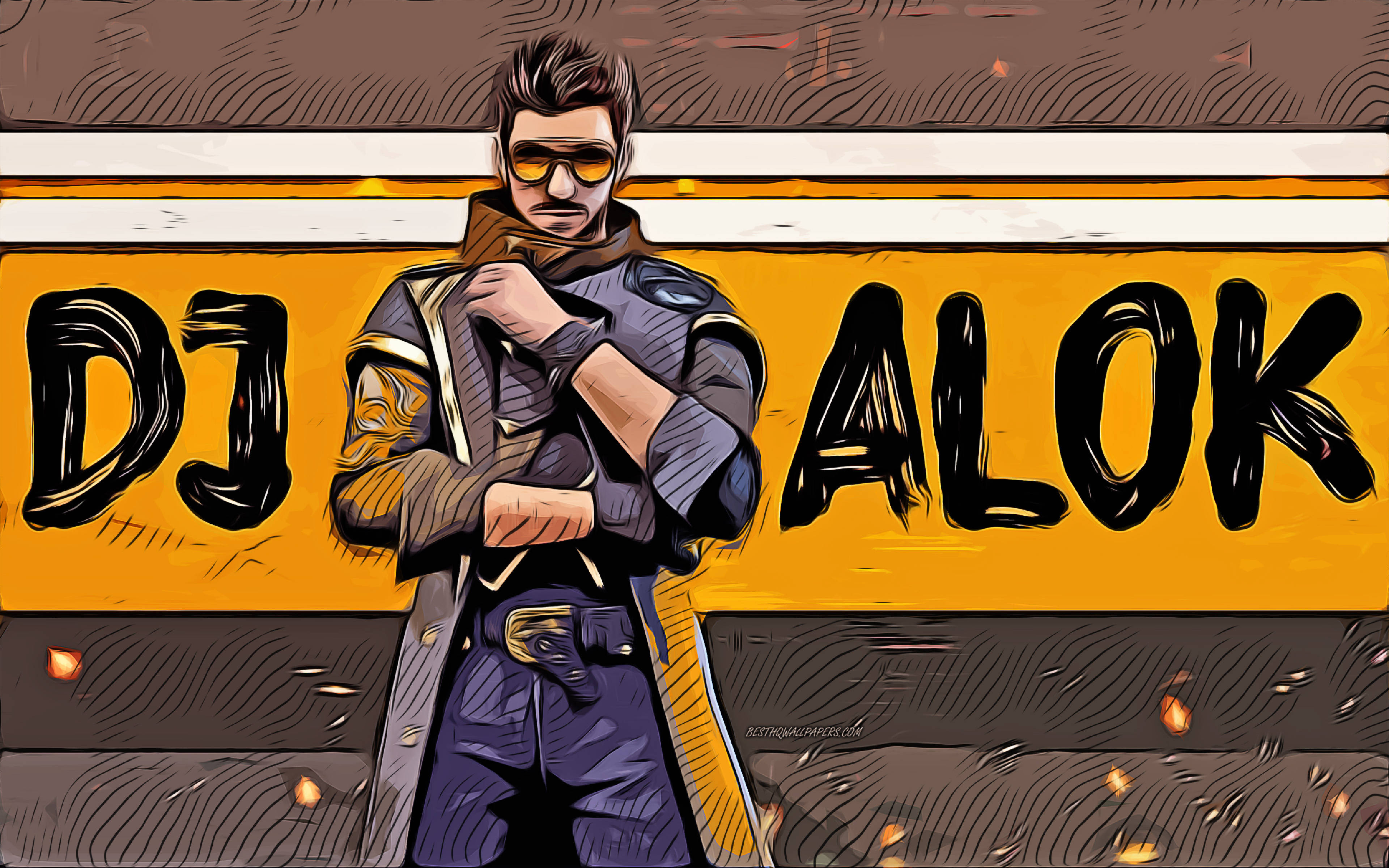 dj alok free fire 桌布 壁紙 — DJ Alok 身穿深色外套和太陽眼鏡，站在大膽的黃色背景前，他的名字以大型黑色字母呈現的風格化插圖。