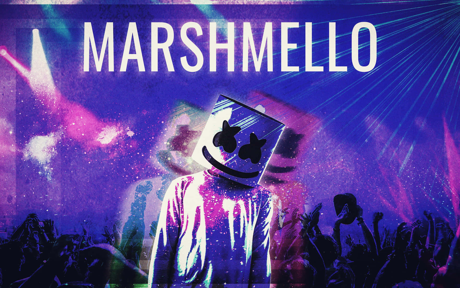 Marshmello 動態圖 桌布 壁紙 — DJ Marshmello 在充滿活力的演唱會中表演，現場有發光的紫粉紅色燈光，下方是歡呼的人群。