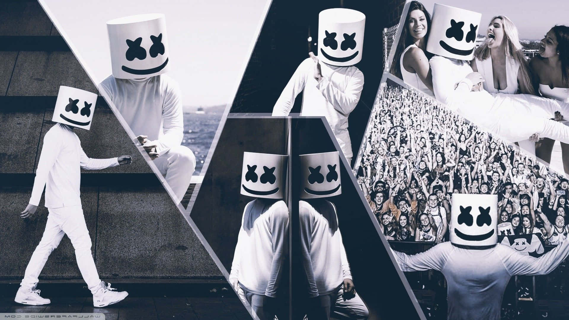 Marshmello 動態圖 桌布 壁紙 — DJ Marshmello 戴上其標誌性白色頭盔，在音樂會和城市環境中與粉絲合影的拼貼畫。