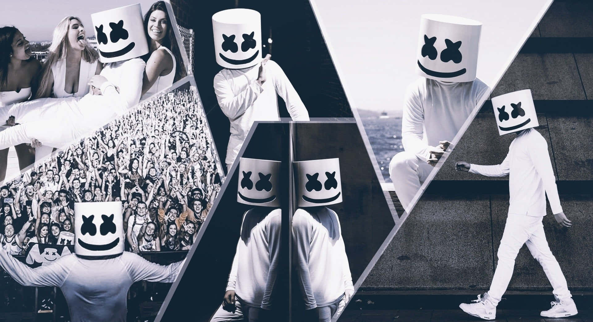 Marshmello 動態圖 桌布 壁紙 — DJ Marshmello 戴上標誌性白色頭盔，被粉絲和表演場景包圍的拼貼畫。