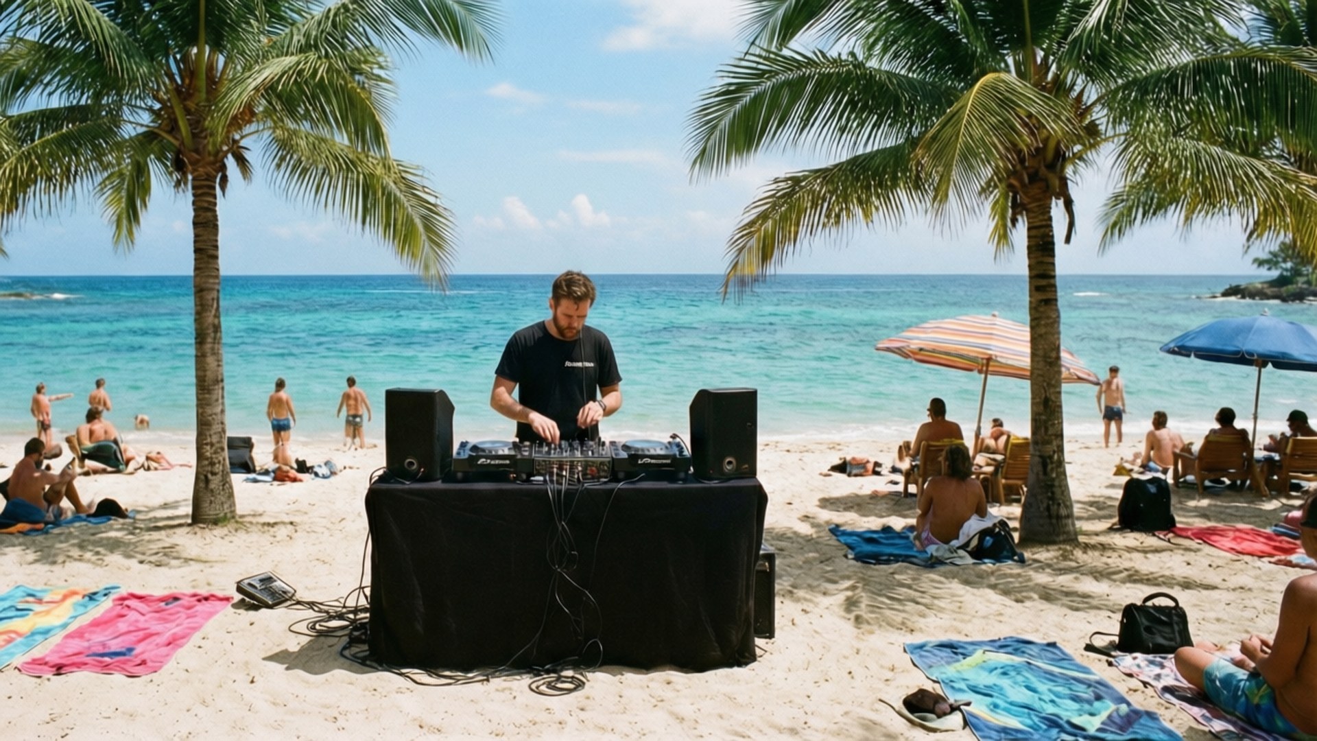 Tropical Beats 壁紙 — DJ在陽光明媚的海灘上表演，周圍有棕櫚樹、碧綠的海水，以及在海灘傘下放鬆的遊客。