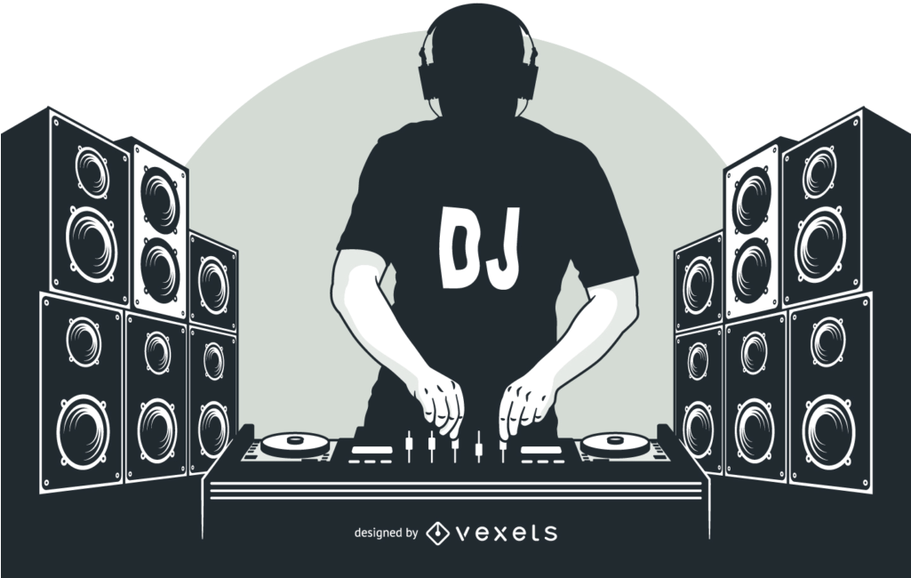 DJ 桌布 壁紙 — DJ 的剪影，身穿印有 'DJ' 的 T 恤，在被高聳喇叭包圍的唱盤上混音。