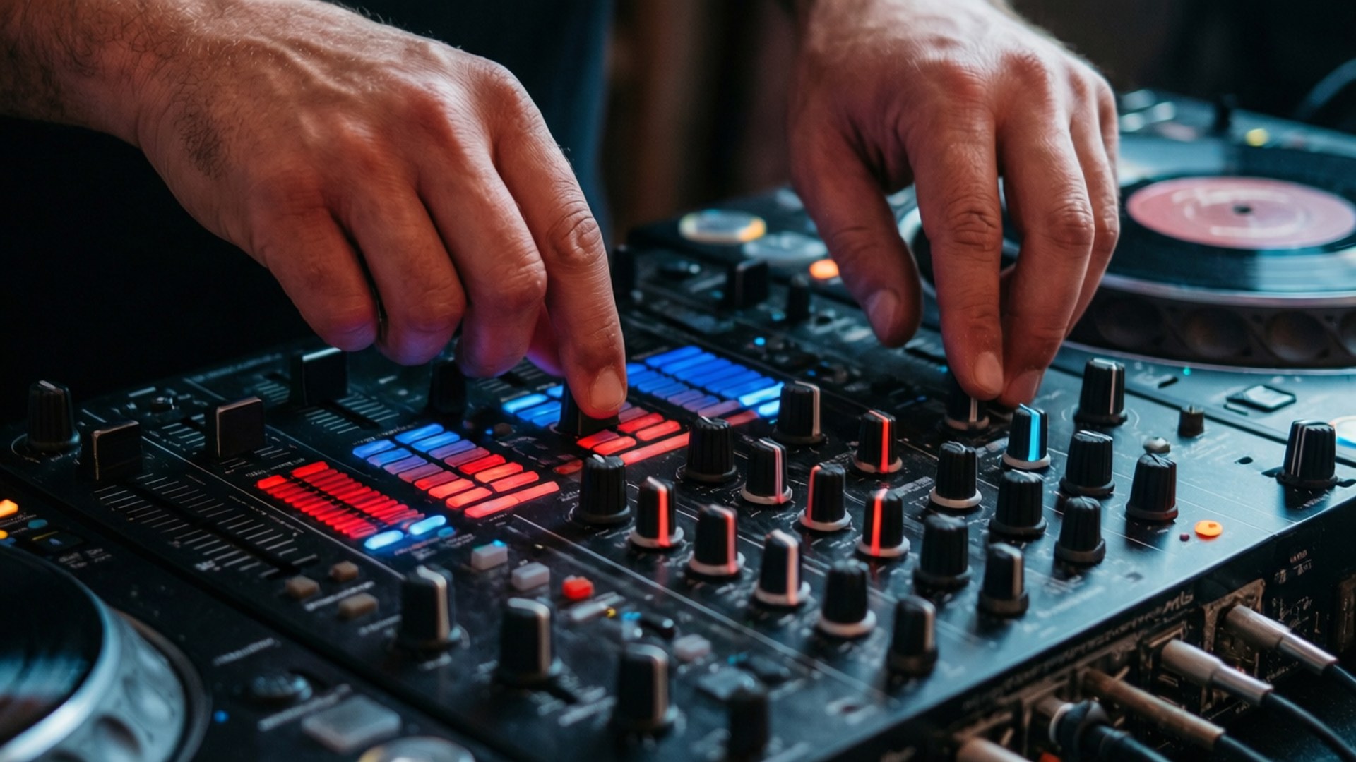 DJ手部操作混音器 壁紙 — DJ雙手熟練地調整發光黑色混音器上的旋鈕和滑塊，帶有紅色和藍色燈光的特寫。