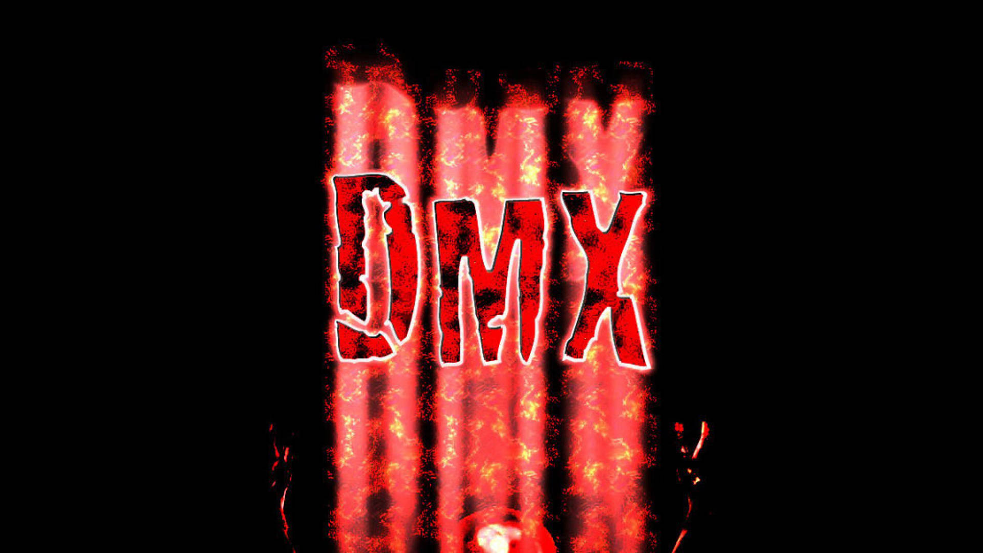 DMX 桌布 壁紙 — DMX 的名字在黑色背景上以火紅色的字母發光，火焰向上舔舐。