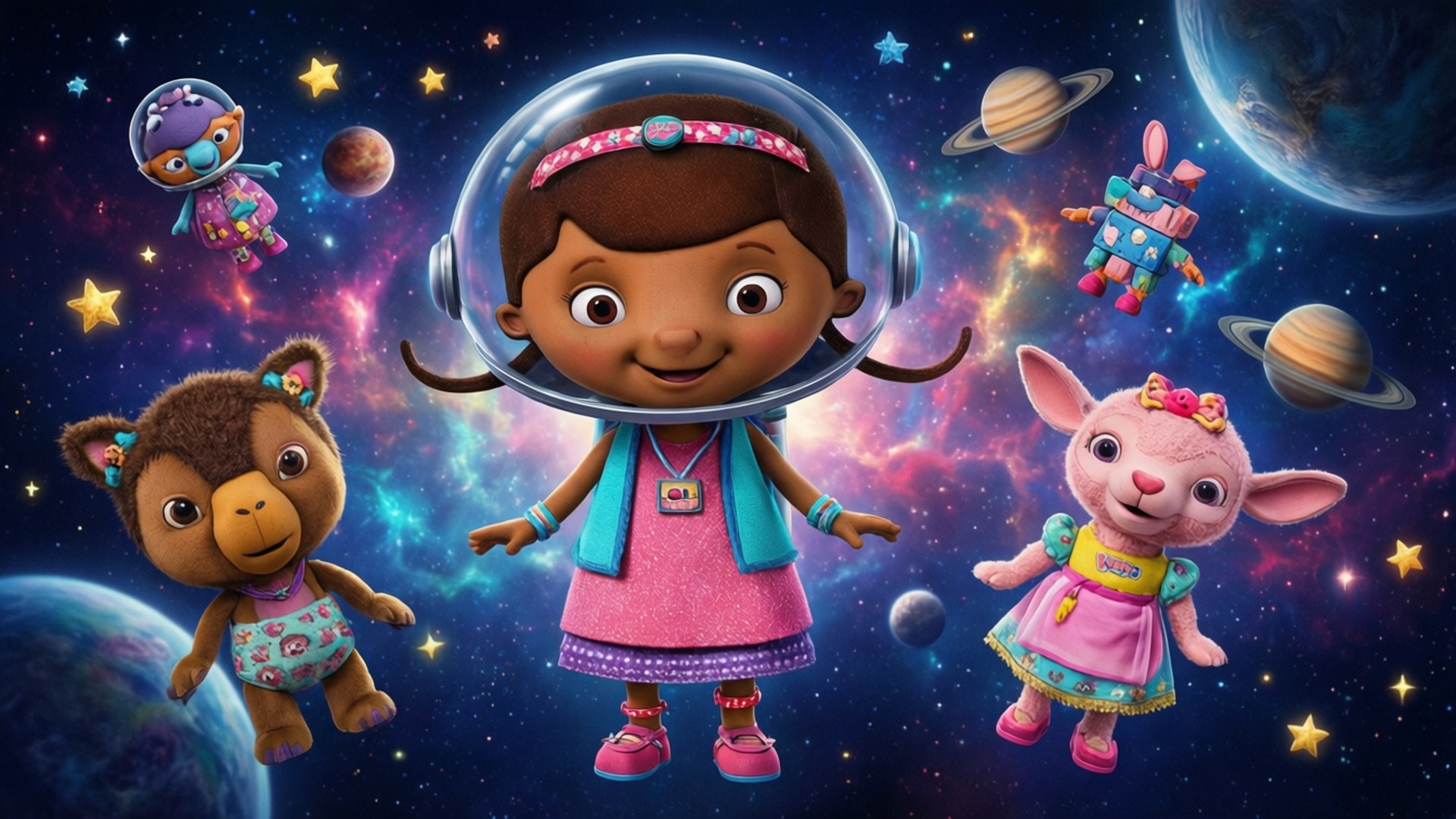 Doc McStuffins Space Adventure 壁紙 — Doc McStuffins 和她的玩具朋友們在充滿行星和星星的充滿活力的宇宙場景中快樂地漂浮。