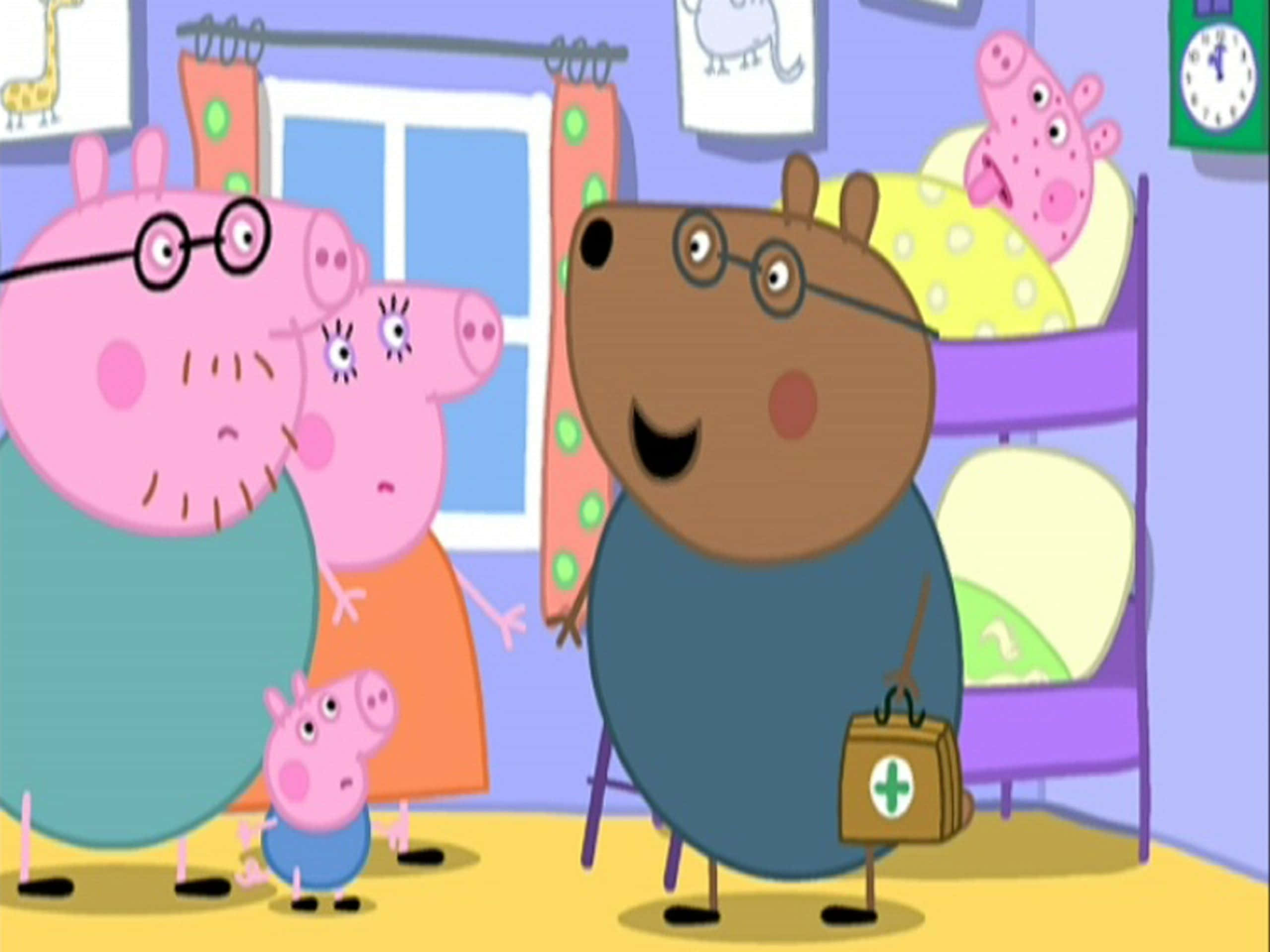 Grandpa Pig 桌布 壁紙 — 醫生棕熊拿著醫療袋，而佩奇豬一家在色彩繽紛的臥室裡看起來很擔心。