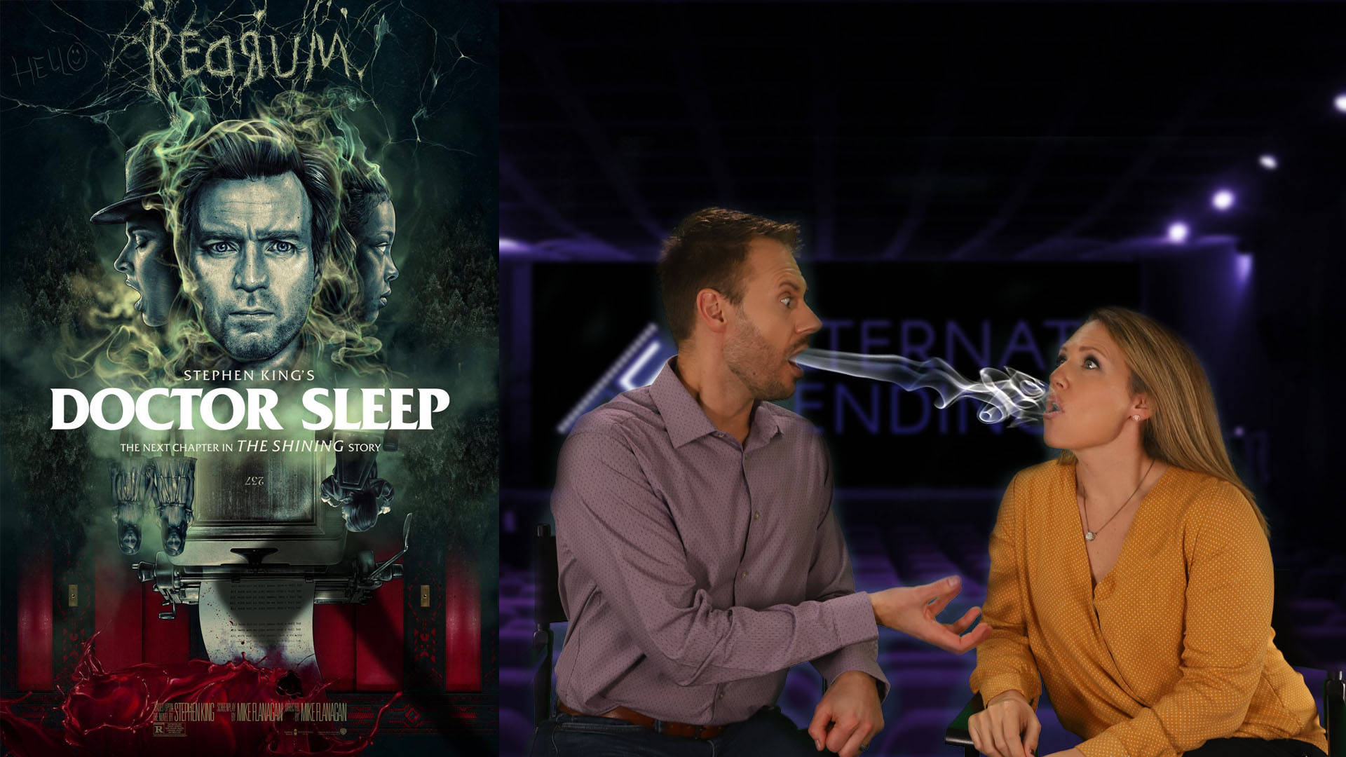 醫生的睡眠 桌布 壁紙 — 《Doctor Sleep》電影海報旁邊，兩人在昏暗的錄影棚內互相呼出煙霧。