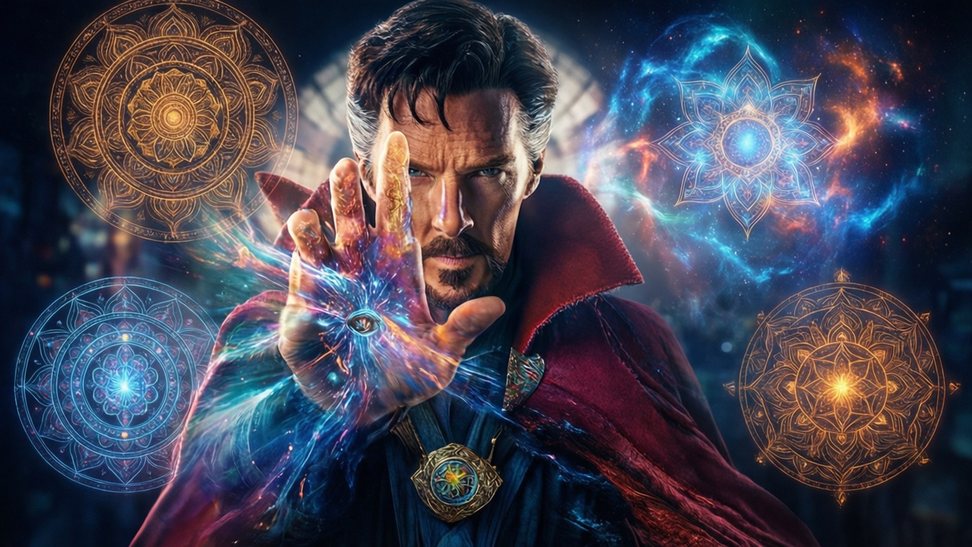 Doctor Strange Mystic Arts 壁紙 — 奇異博士通過他的手引導宇宙能量，周圍環繞著發光的神秘符號，背景是星空。