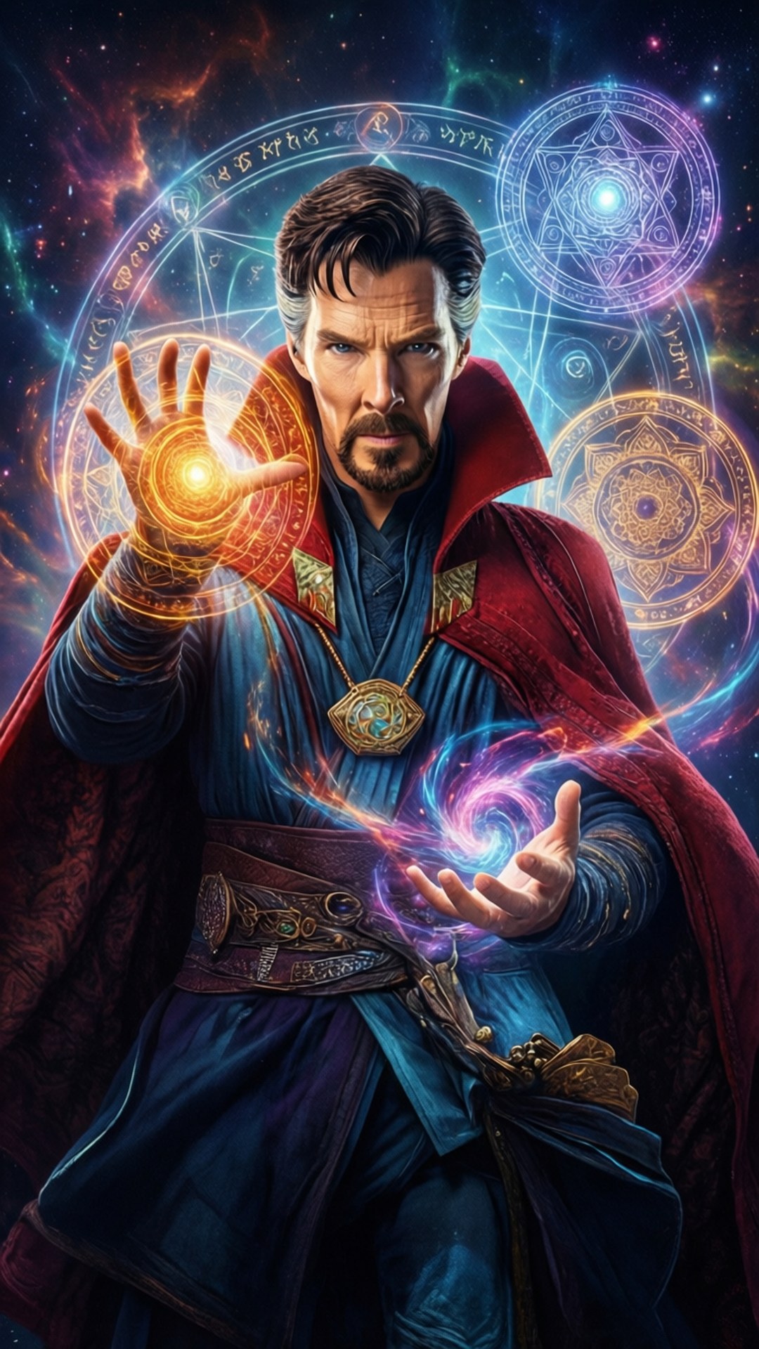 Doctor Strange Astral Magic 壁紙 — 奇異博士身穿藍色長袍和紅色斗篷，在漂浮的神秘符號的宇宙背景下，從雙手中引導發光的魔法能量。