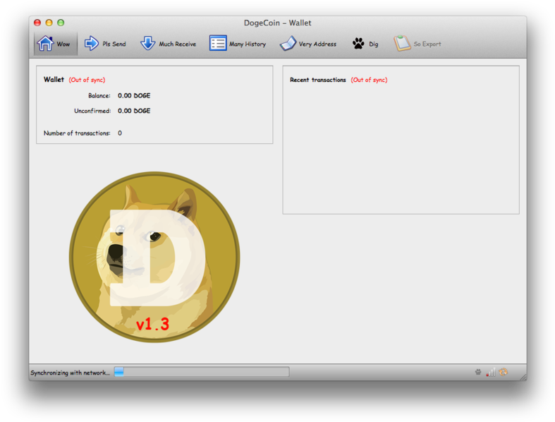 狗狗幣 桌布 壁紙 — DogeCoin錢包軟體介面，顯示金幣上的柴犬狗標誌，餘額為零及同步狀態。