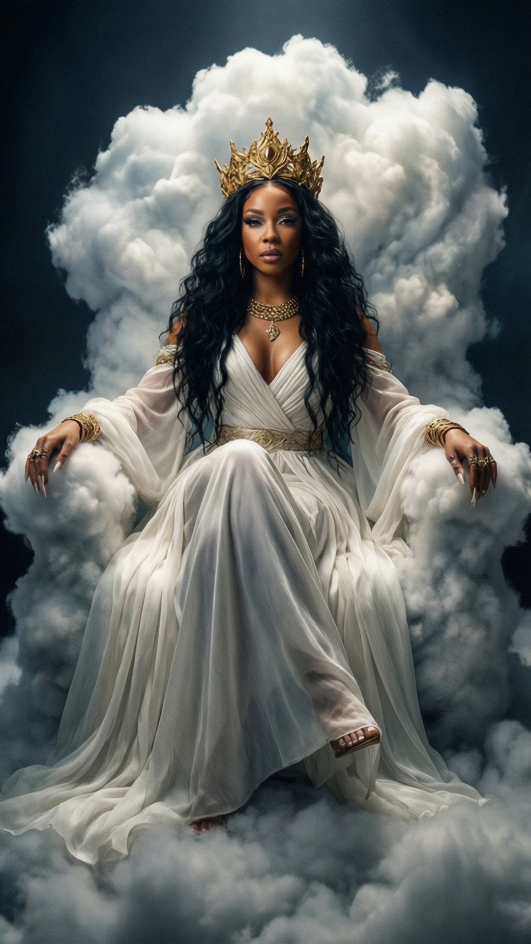 女神Doja Cat 壁紙 — 一位高貴的女士，長長的黑髮，戴著金色皇冠，身穿白色長袍，坐在雲朵寶座上，背景是黑暗的天空。