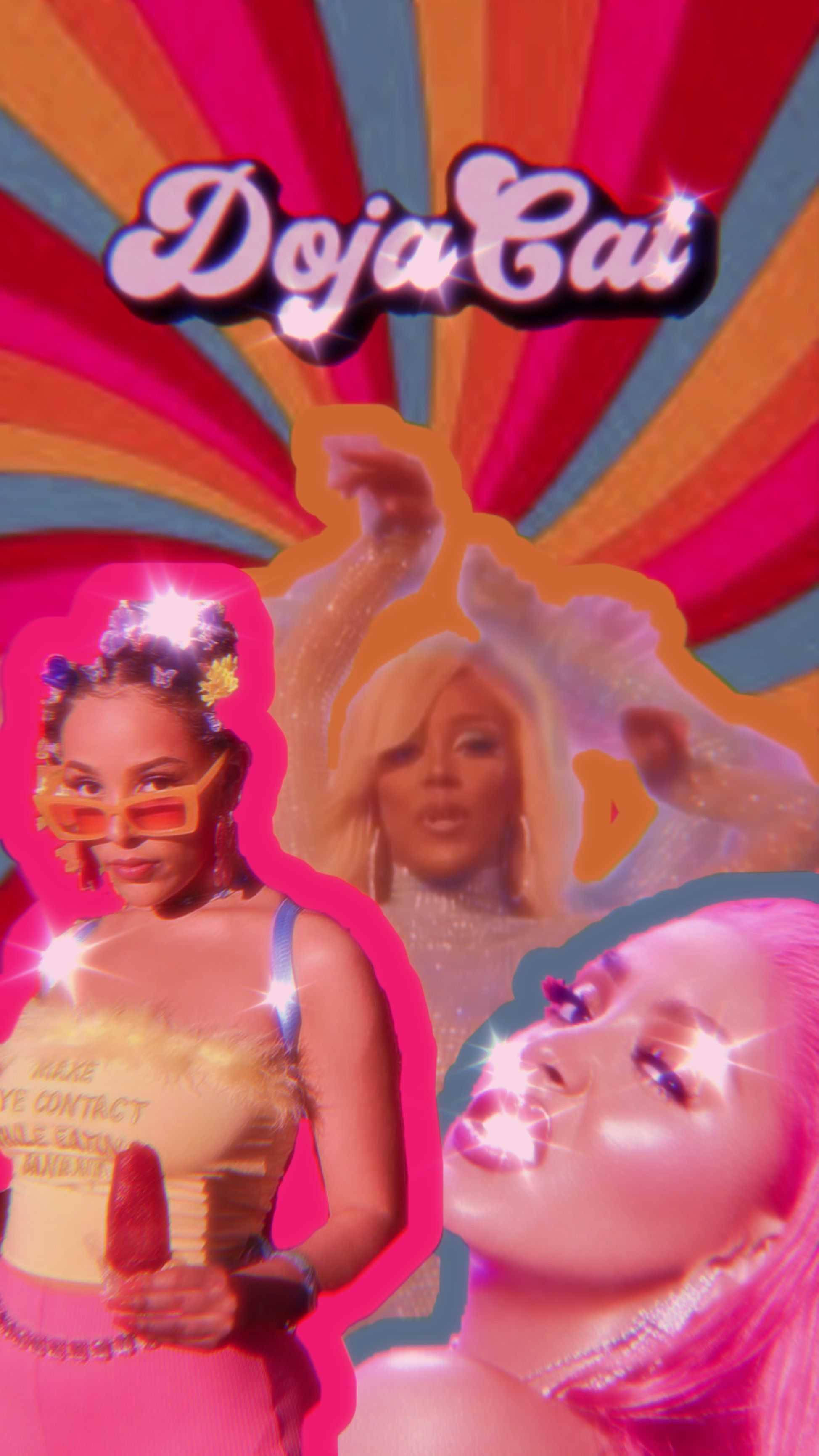 doja 桌布 壁紙 — Doja Cat 的鮮豔流行藝術拼貼，採用大膽的霓虹色彩、閃爍的閃粉和動感姿勢。