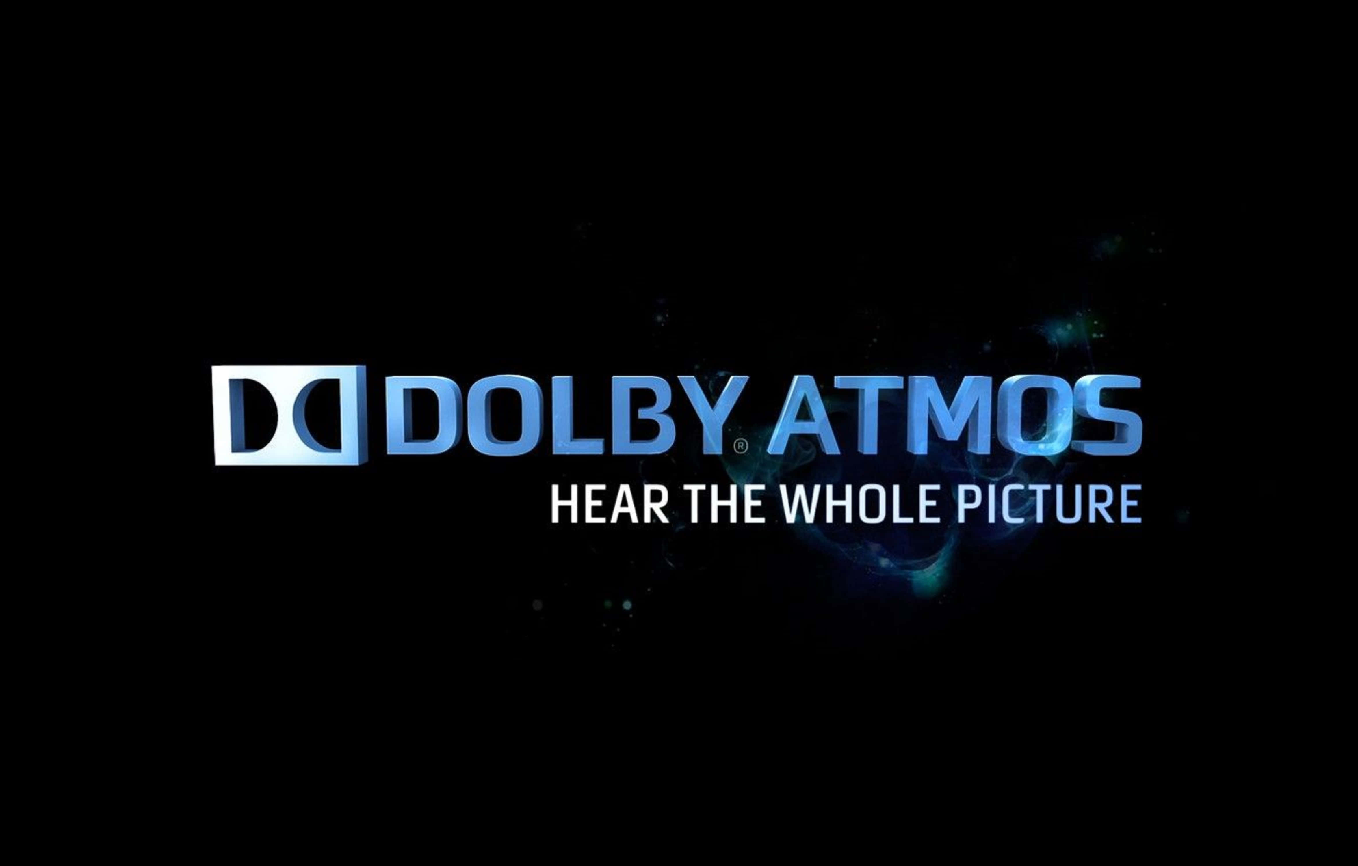 4K Dolby Vision 桌布 壁紙 — Dolby Atmos 標誌在黑暗的宇宙背景中發出電光藍色光芒，並帶有漂浮的粒子。