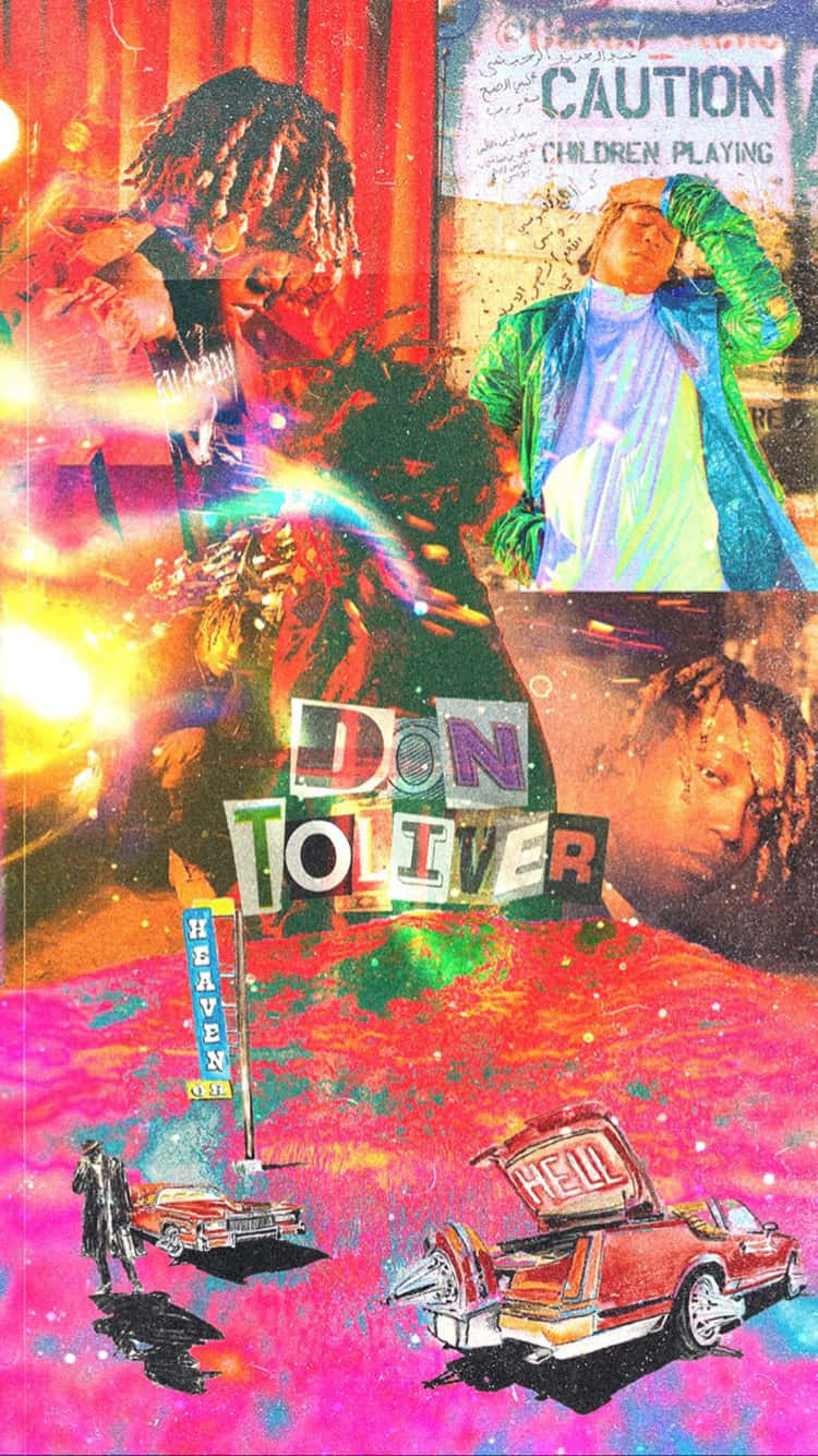 說唱歌手 桌布 壁紙 — Don Toliver 的鮮豔拼貼畫，帶有霓虹燈汽車和塗鴉藝術，背景為迷幻粉紅和橙色。