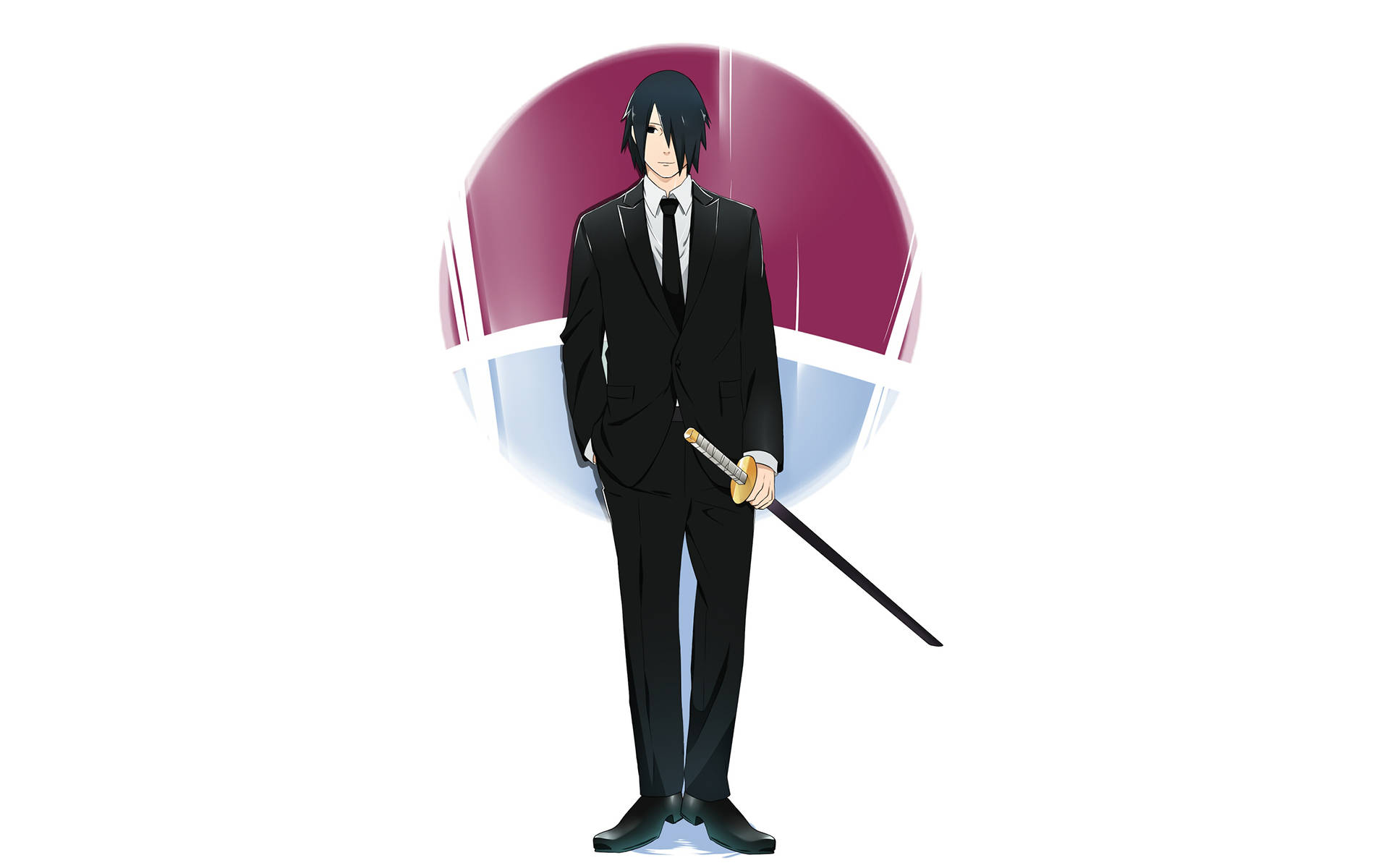 動畫男子身穿西裝，手持劍，背景為圓形。 — Sasuke 壁紙