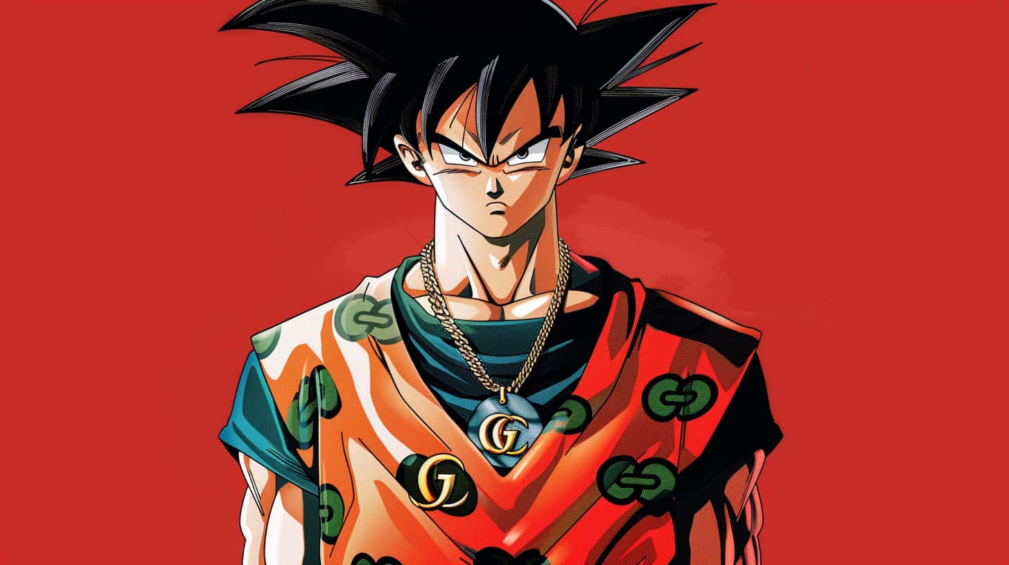  壁紙 — 動畫角色悟空身穿Gucci服裝，在純紅色背景上展現兇猛表情。