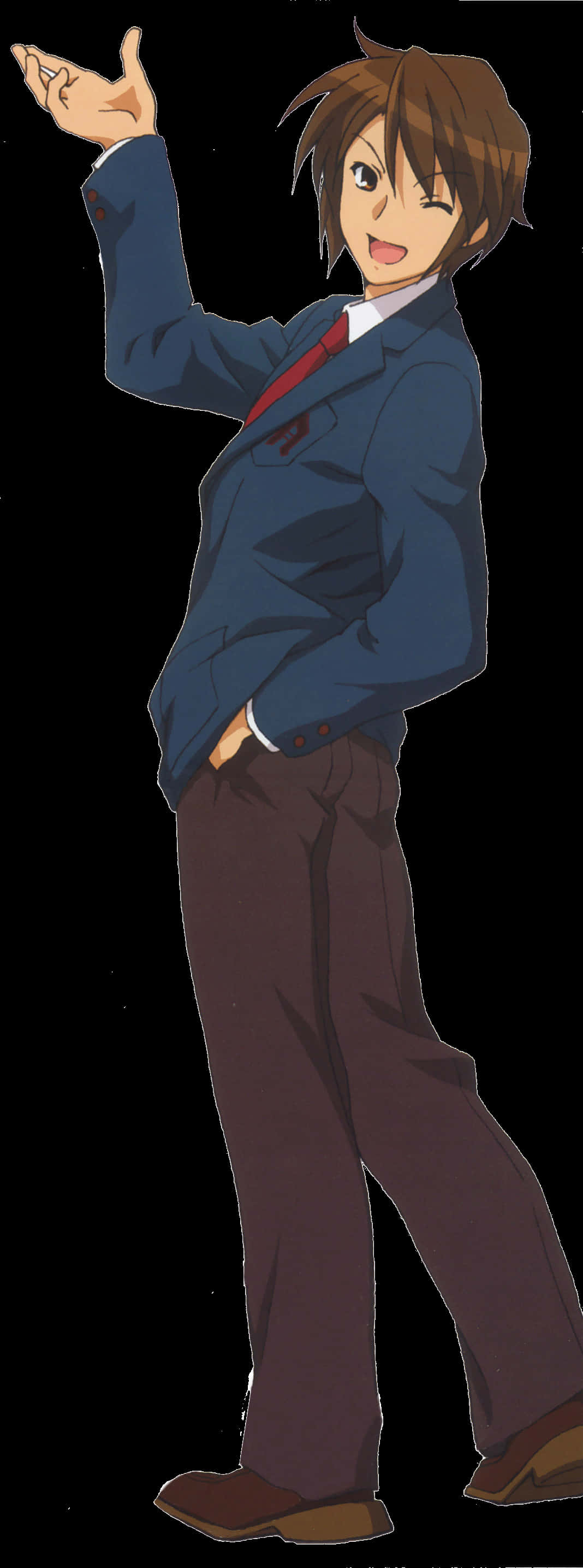 Kyon 桌布 壁紙 — 動畫男孩穿著藍色校服，在黑色背景上眨眼並愉快地做手勢。