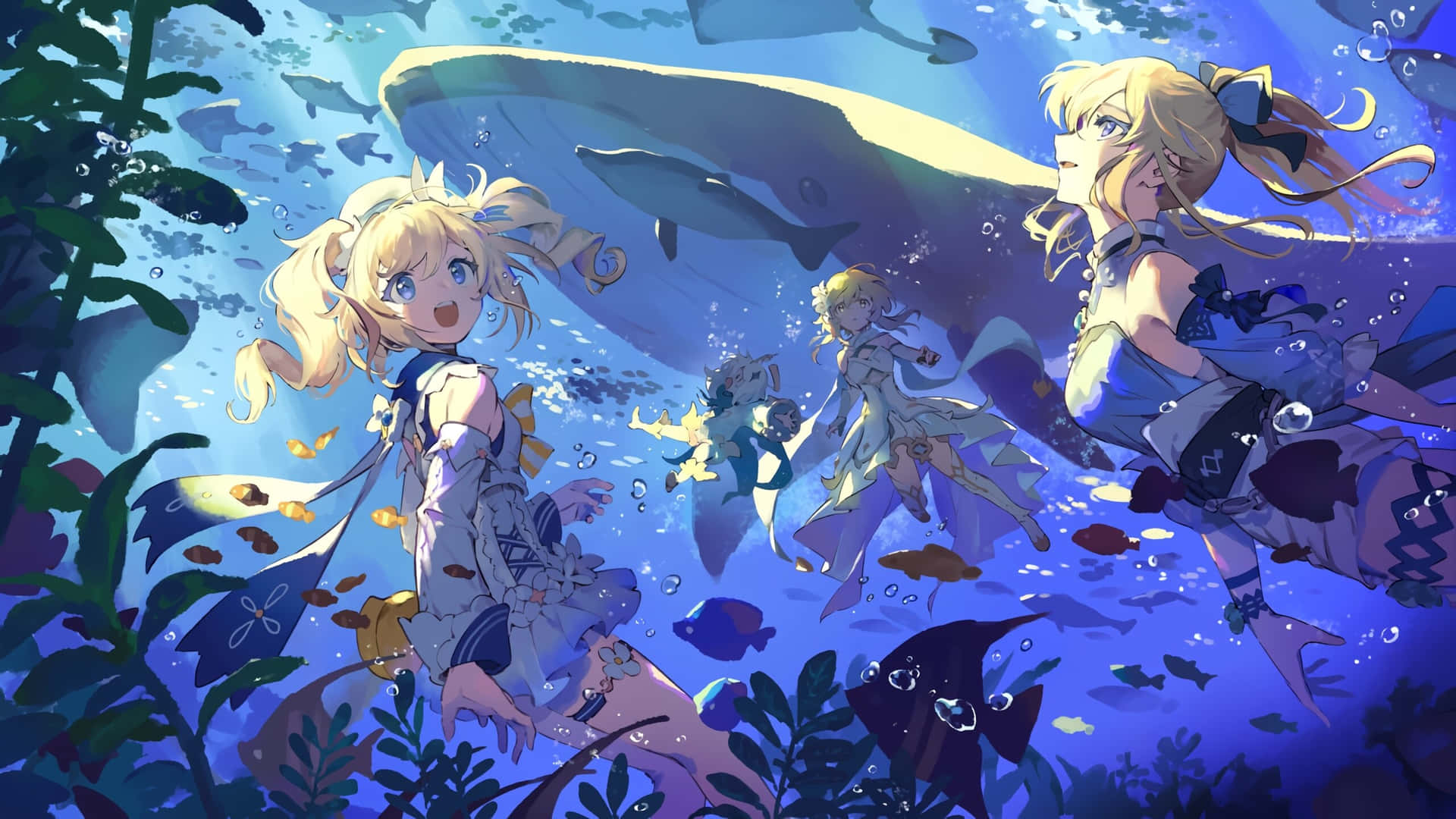  壁紙 — 動畫女孩與鯨魚和色彩繽紛的魚兒在充滿活力的藍色海洋場景中快樂地游泳。