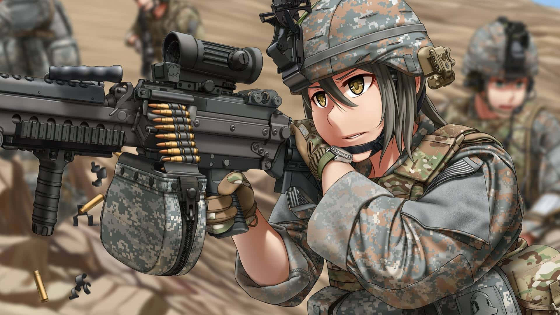  壁紙 — 動畫士兵身穿迷彩服，在沙漠戰場上瞄準重型機槍，用過的彈殼飛舞。