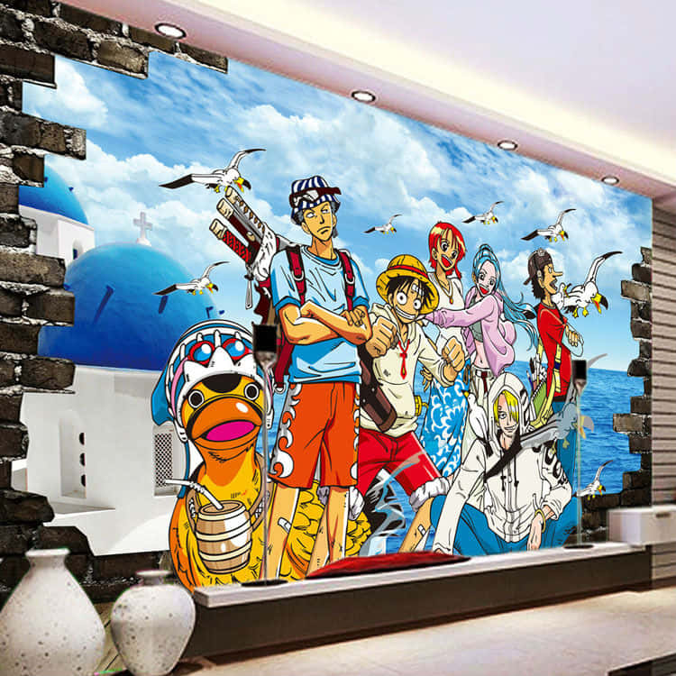 動畫角色在希臘式建築前與海鷗一起擺姿勢。 — 日式藝術 壁紙