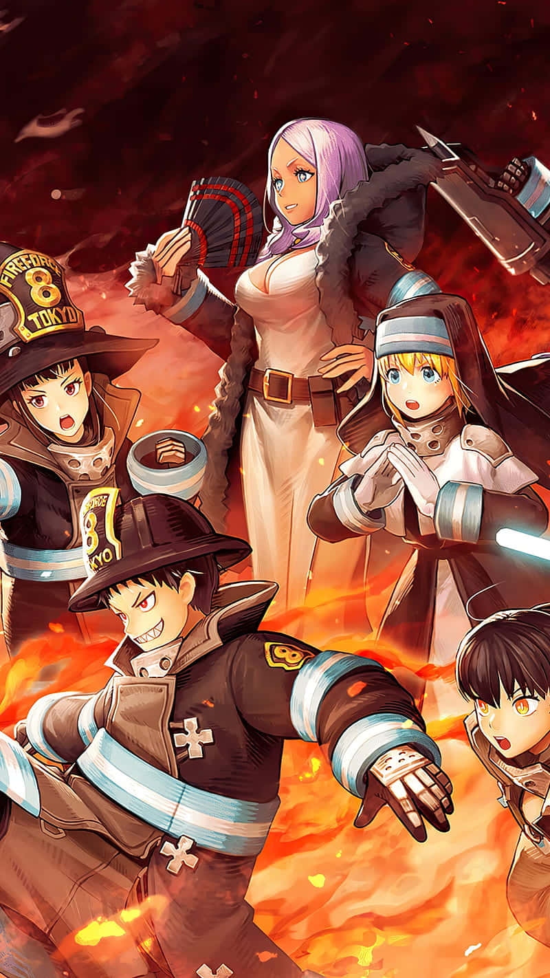 動畫消防員在熊熊烈火中行動，表情堅定。 — Fire Emblem Warriors 壁紙