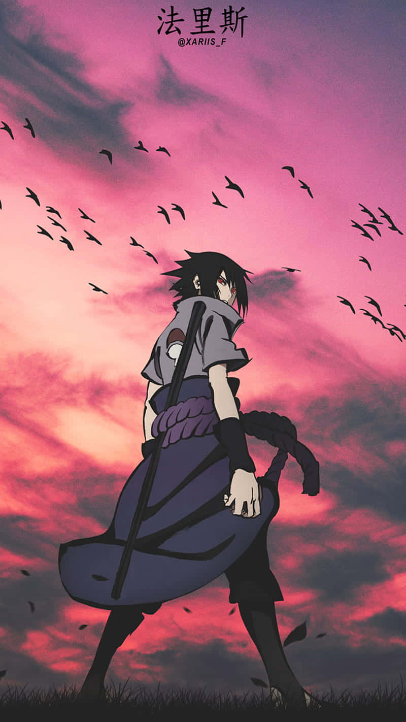 動漫角色站在日落時的田野中，鳥兒飛翔。 — Sasuke 壁紙