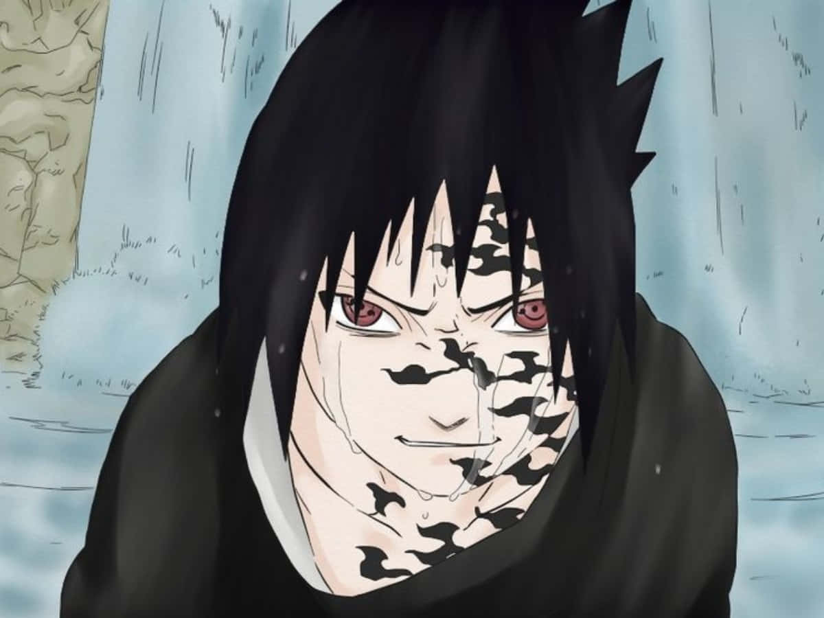 動漫忍者，紅眼睛，黑色印記，站在雨中。 — Sasuke 壁紙