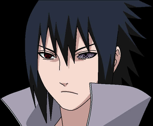 動漫忍者，黑色尖刺頭髮，紅紫異色瞳，黑色背景。 — Sasuke 壁紙