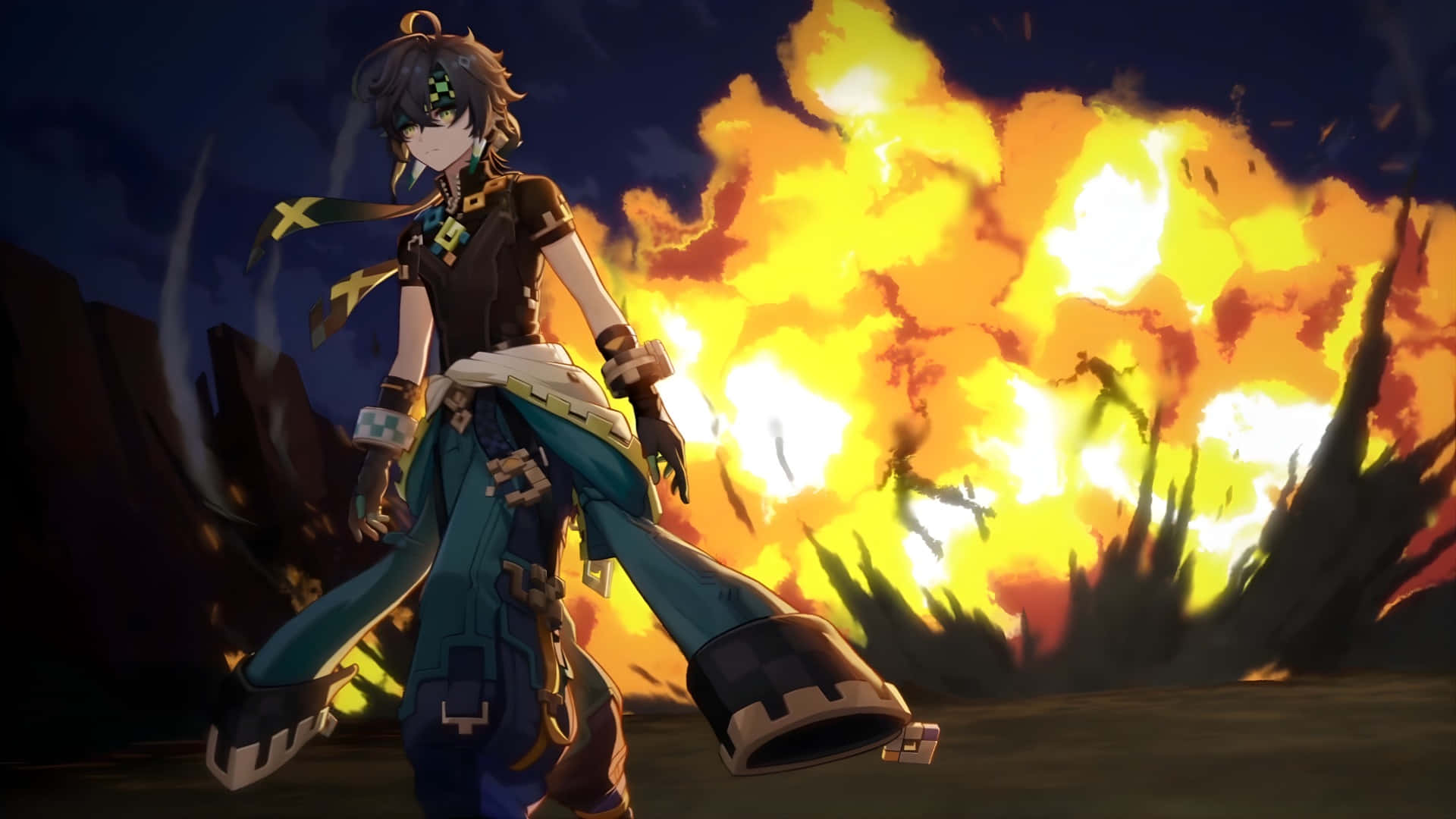 動漫角色在夜晚面對火焰爆炸 — Fire Emblem Warriors 壁紙