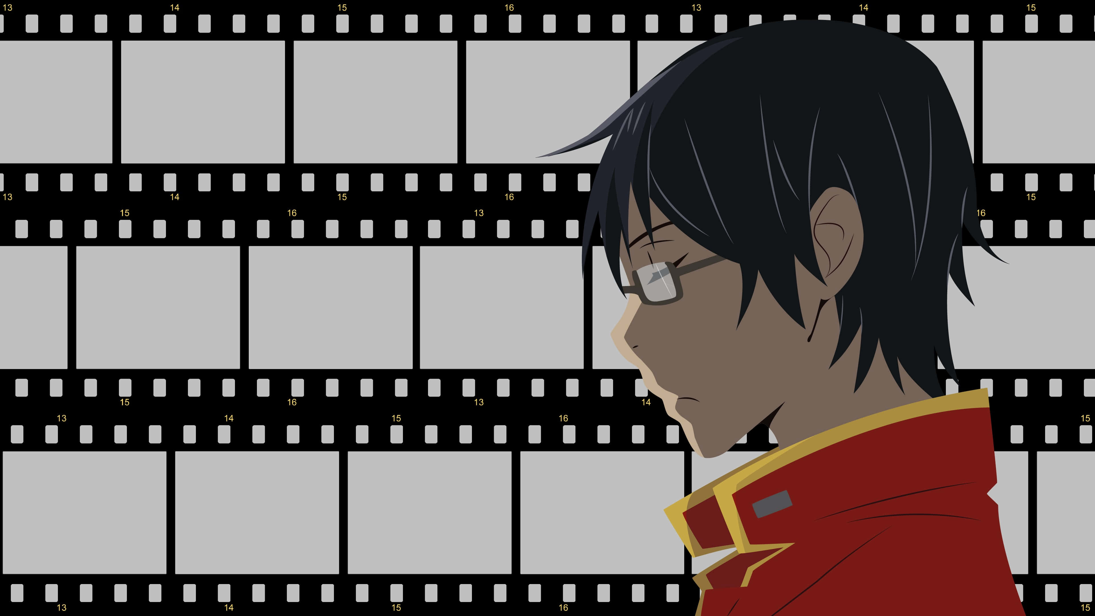 Satoru Fujinuma 桌布 壁紙 — 動漫角色身穿紅色外套和眼鏡，以側面輪廓呈現，背景為膠片條。