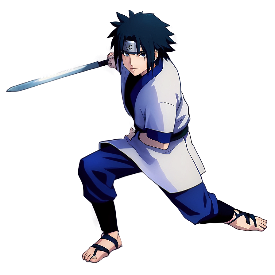 身穿藍白裝備的動漫忍者蹲下，拔出劍。 — Sasuke 壁紙