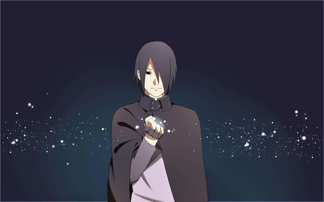 動漫忍者角色在繁星點點的夜空下手持發光粒子。 — Sasuke 壁紙