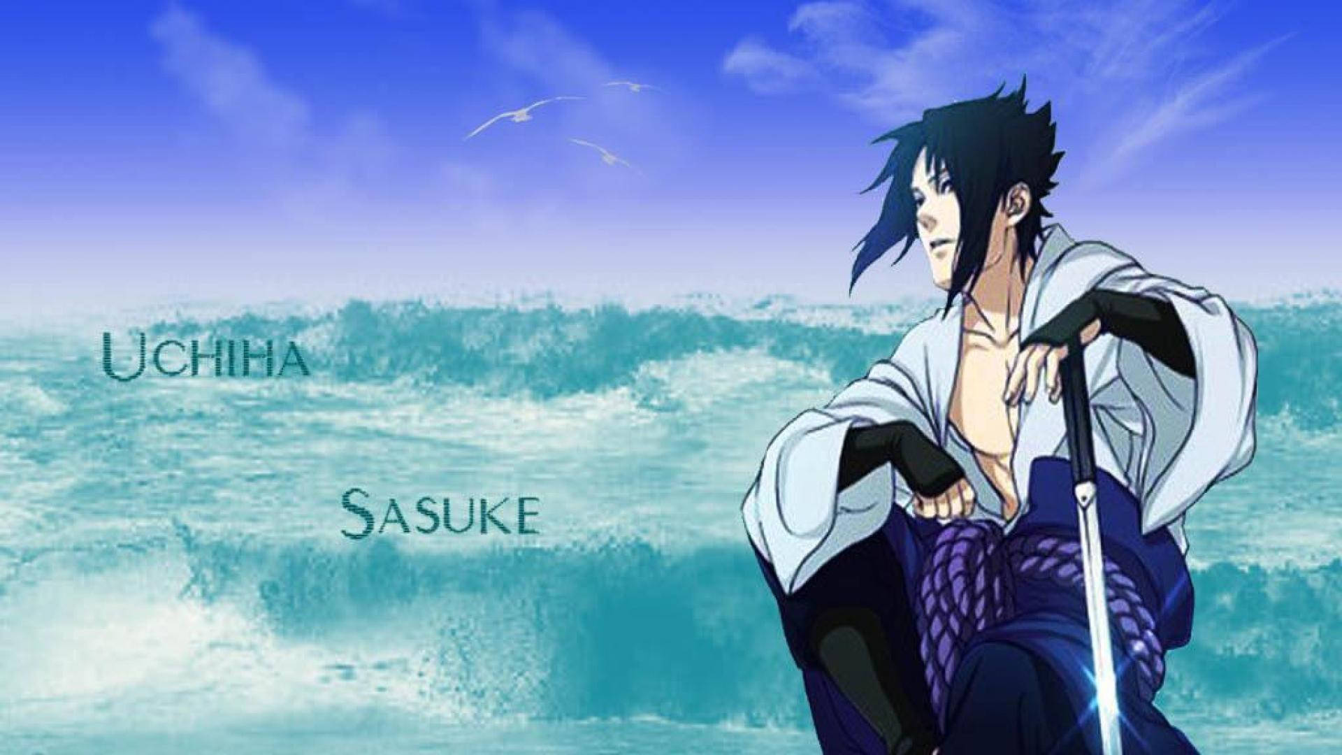 動漫角色宇智波佐助坐在海邊，手持一把劍。 — Sasuke 壁紙