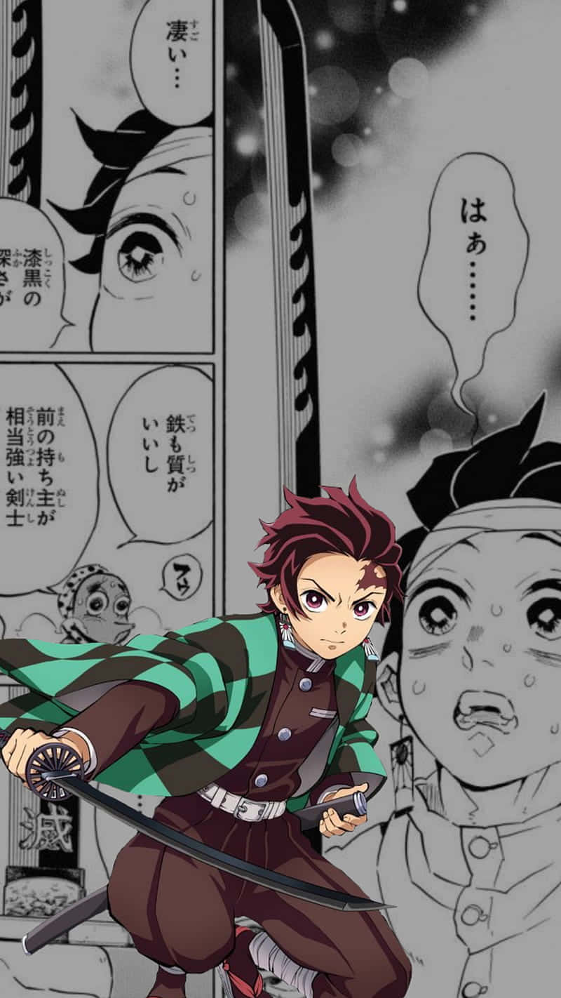  壁紙 — 動漫角色竈門炭治郎身穿綠色和棕色服裝，在漫畫風格背景前手持刀，表情堅定。