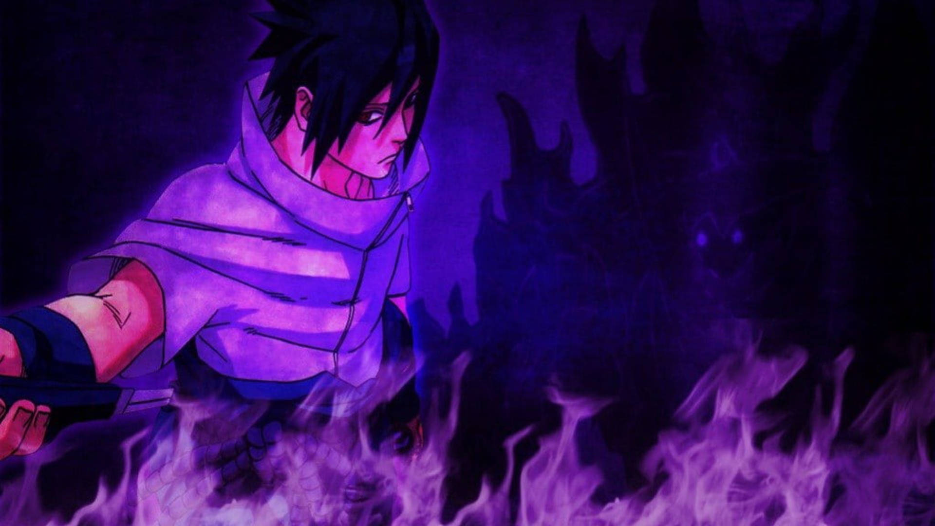 在黑暗場景中被紫色火焰包圍的動漫角色。 — Sasuke 壁紙