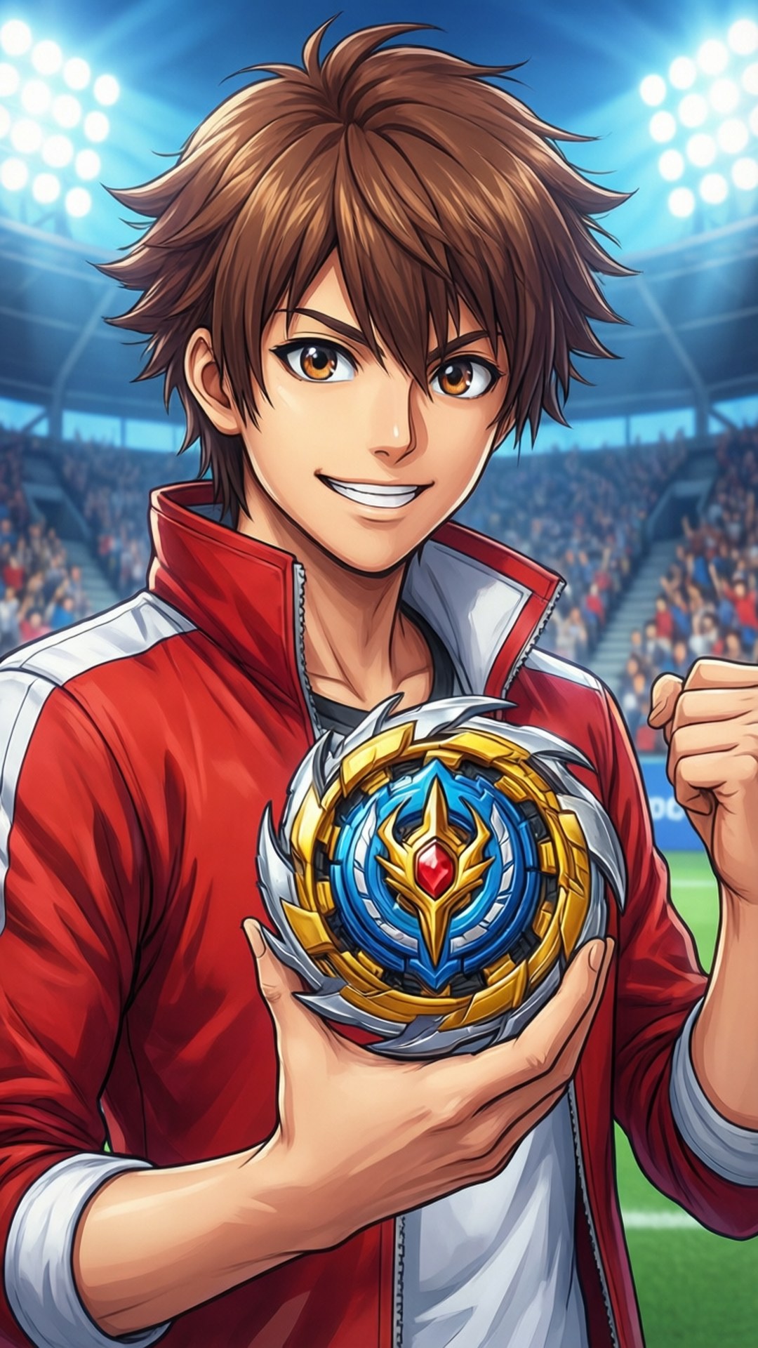 Valt's Champion Smile 壁紙 — 一個微笑的動漫男孩穿著紅色外套，在明亮的燈光下於體育場中手持發光的藍金色Beyblade。