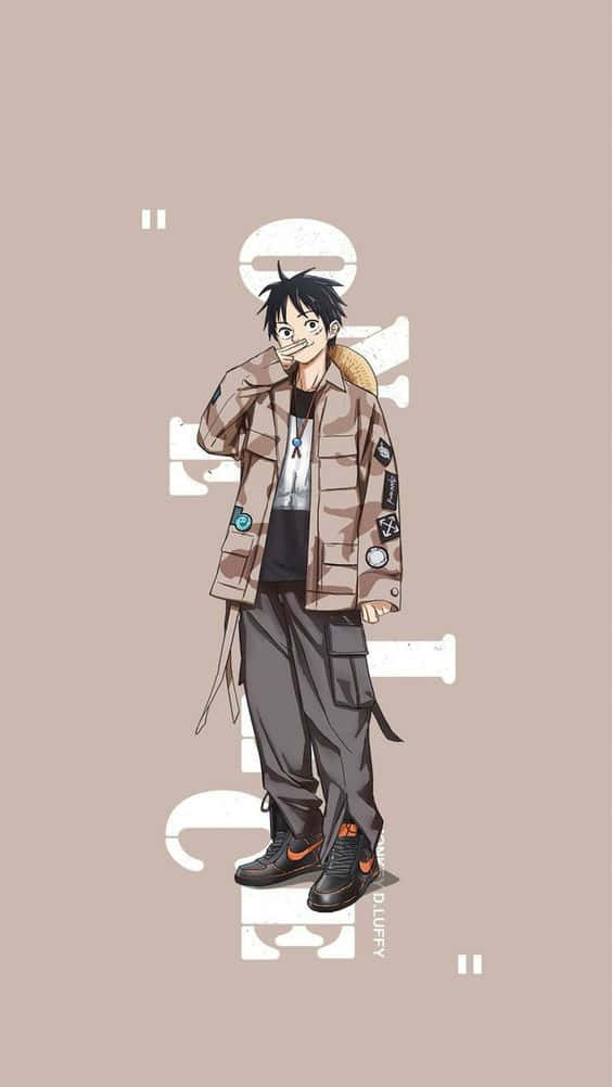  壁紙 — 動漫男孩穿著迷彩外套和工裝褲，自信地站在帶有白色圖形元素的柔和米色背景前。