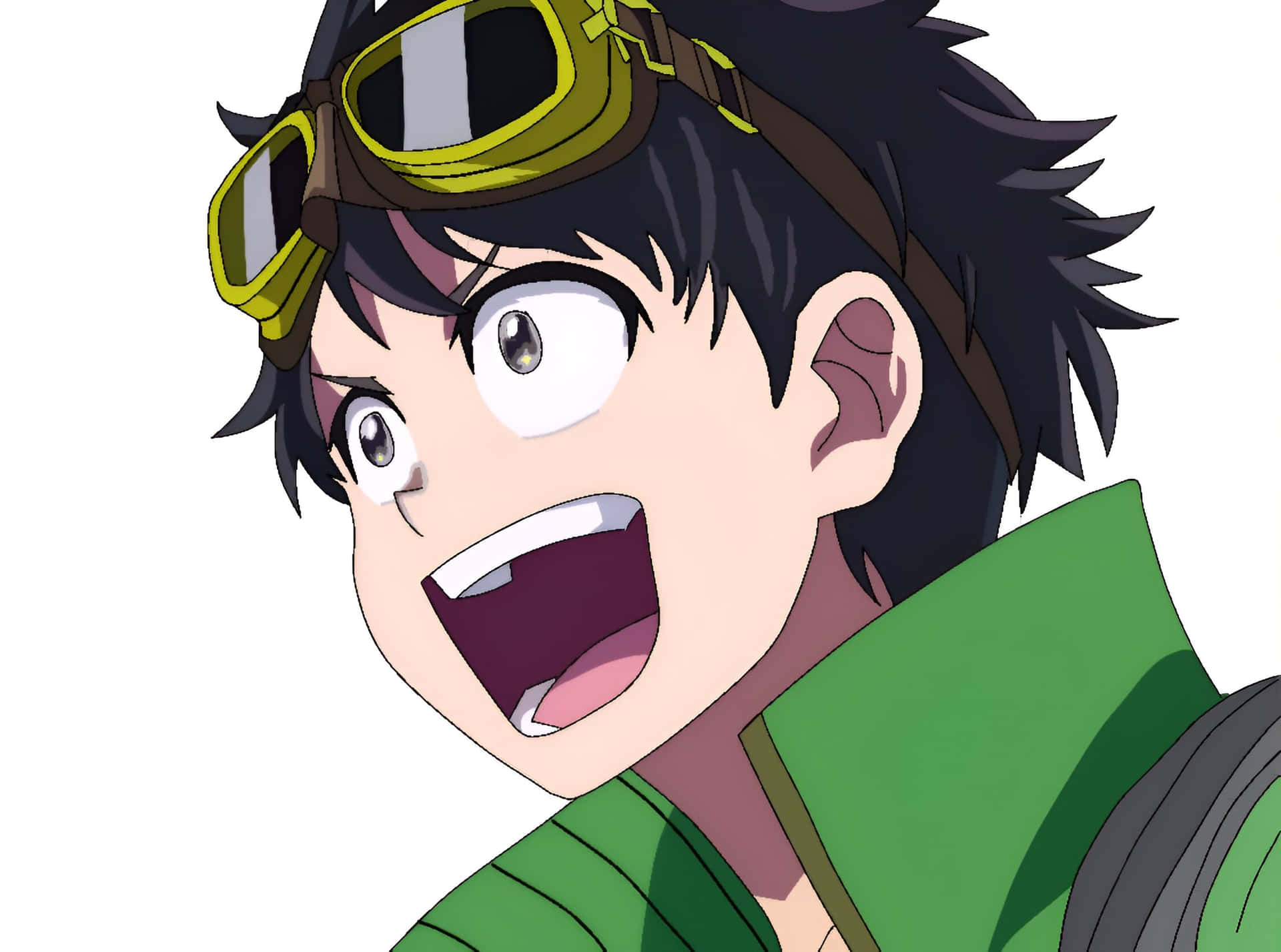  壁紙 — 一個動漫男孩，黑色刺蝟頭，戴著黃色護目鏡，穿著綠色外套，在純白背景前興奮地大喊。