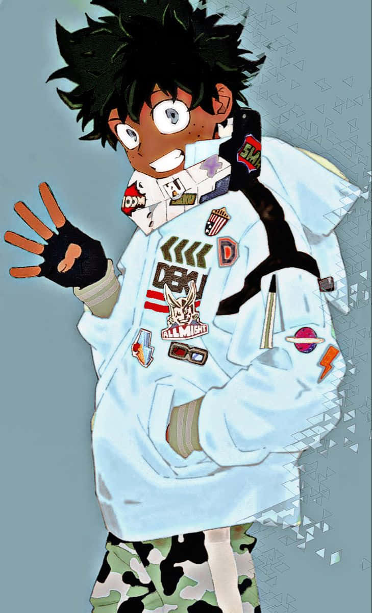  壁紙 — 動漫男孩，黑色刺蝟頭，大眼睛，穿著一件佈滿彩色補丁的淺藍色外套，開心地揮手。