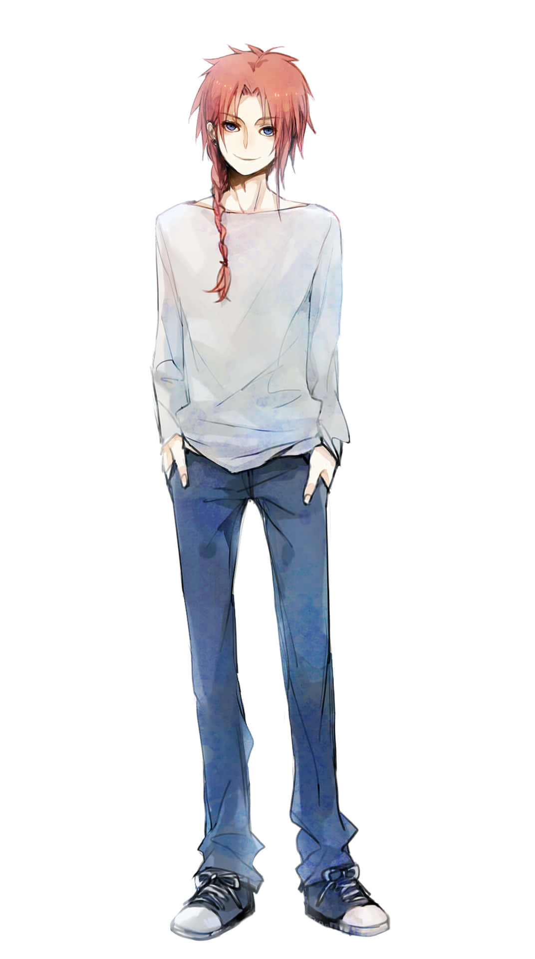  壁紙 — 動漫男孩，紅色辮子頭髮和藍色牛仔褲，隨意地站在純白色背景前。