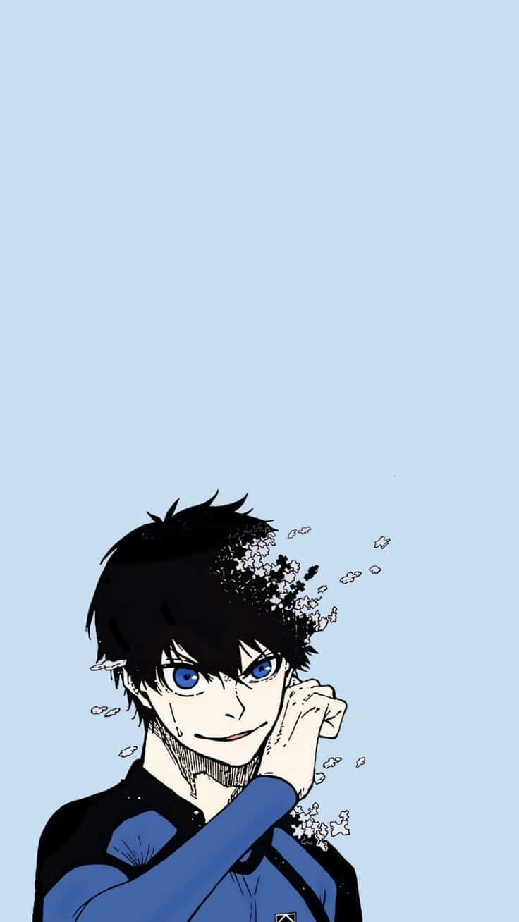  壁紙 — 動漫男孩，藍眼睛黑頭髮，在淺藍色背景上溶解成白色粒子。