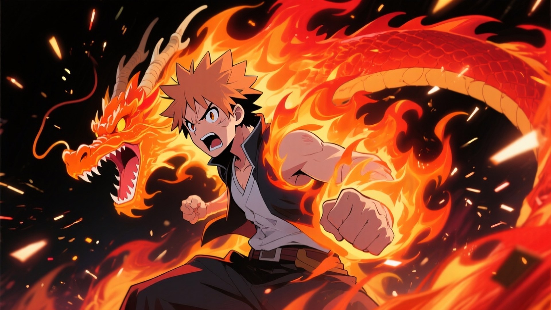 Fire Dragon Roar 壁紙 — 一個頭髮豎起的動漫男孩緊握拳頭咆哮，一條火龍在他身後盤旋，背景為黑色。